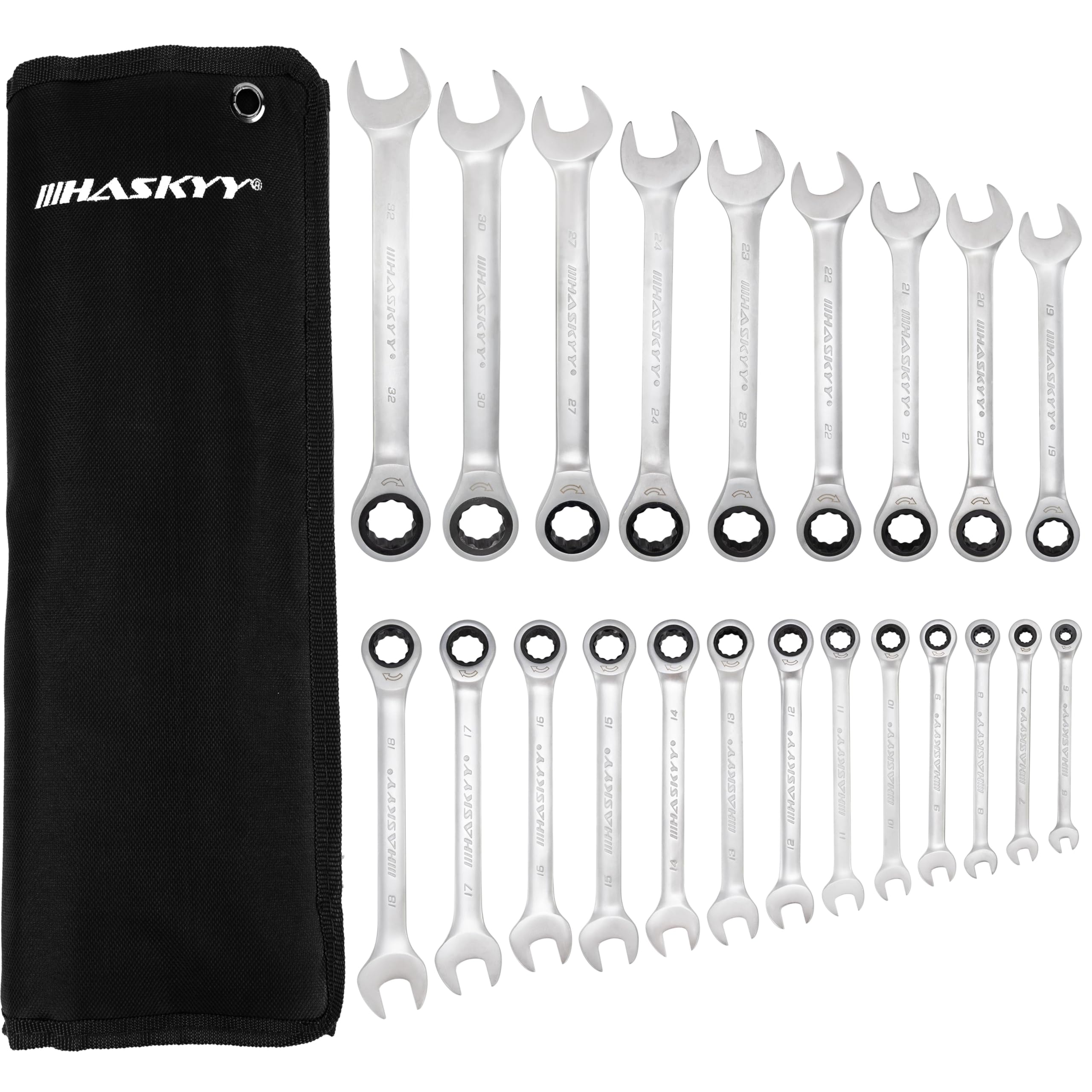 HASKYY Ratschenschlüssel Ringmaul Satz 6-32 mm Gabelschlüssel Ratschen Schlüssel 22 tlg Ringratschenschlüssel Set in Tasche 72 Zähne Ratsche