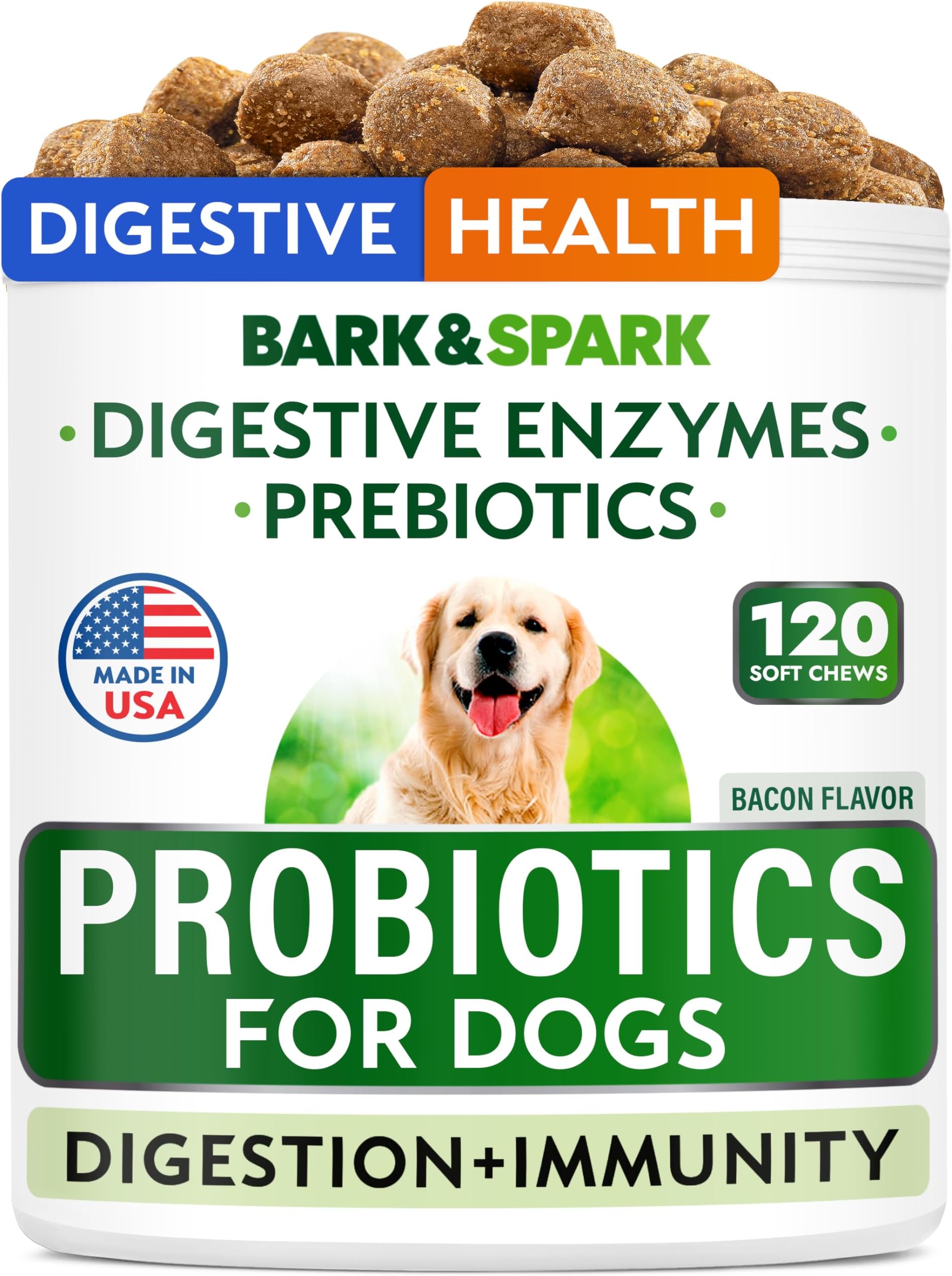 Dog Probiotics & Digestive Enzymes (Gut Health) Allergy & Itchy Skin - Pet Diarrhea Gas Treatment Upset Stomach Relief Pill, Digestion Health Prebiotic Supplement Tummy Treat (120Ct Bacon)