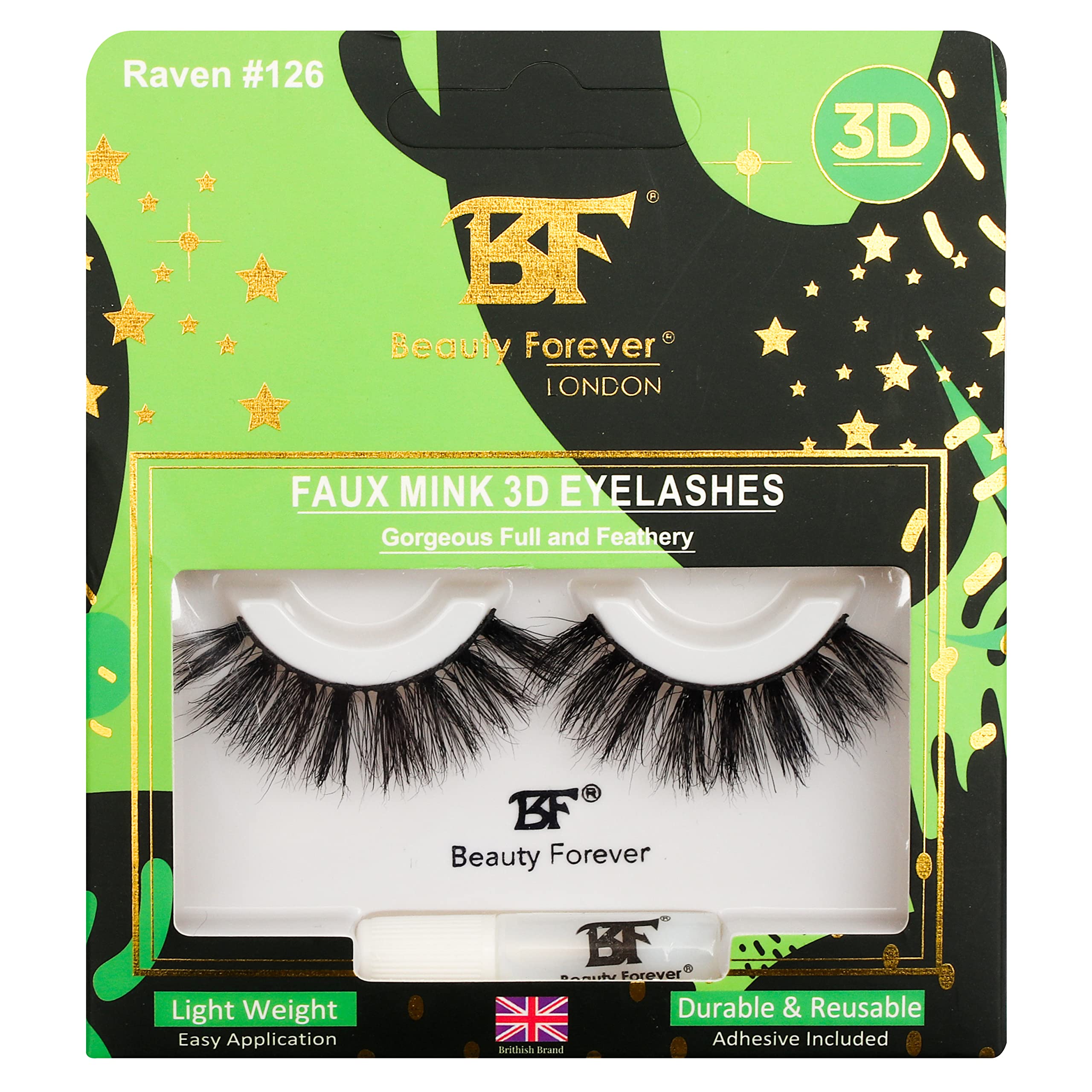 Beauty Forever Faux Mink 3D Eyelashes – Gorgeously Full and Feathery, Handmade & Reusable, With Latex Free Glue, Raven No.126