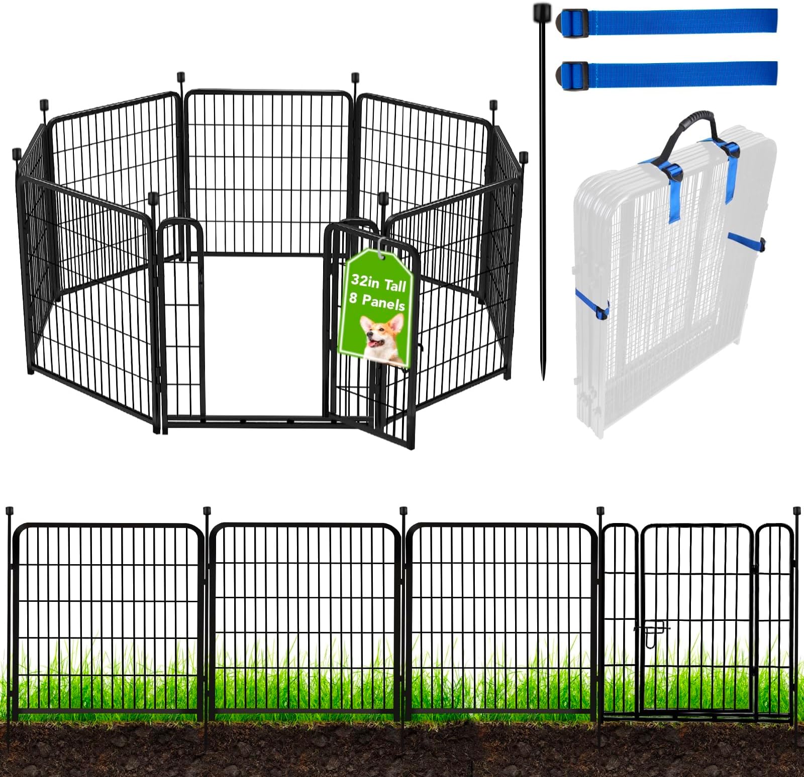ADAVIN 32 in(H) Garden Fences and Borders,1 Gate+7 Panels Dog Fence Outdoor for Yard, Heavy Duty Iron Metal Animal Barrier Fence, Portable Fence, Flower Garden Fencing,Total 17.7 Ft(L), Black
