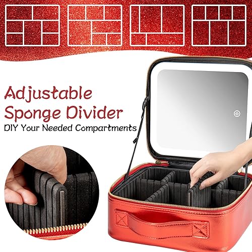 Miniatura 4 de Estuche de viaje de maquillaje con espejo con luz LED, 3 brillo ajustable, bolsa de cosméticos, almacenamiento portátil, partición ajustable,