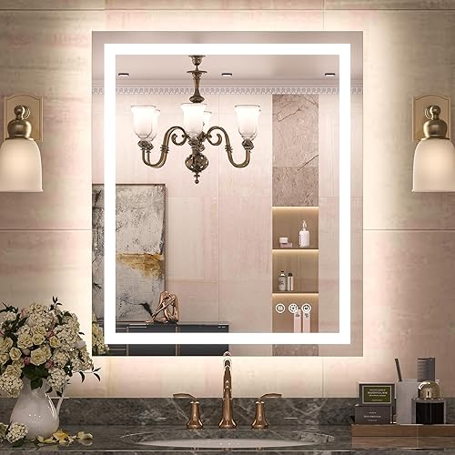 TETOTE Espejo de baño LED de 30 x 36 pulgadas con luz frontal y retroiluminada, espejo de tocador antiniebla, sin escalones, regulable, 3 colores