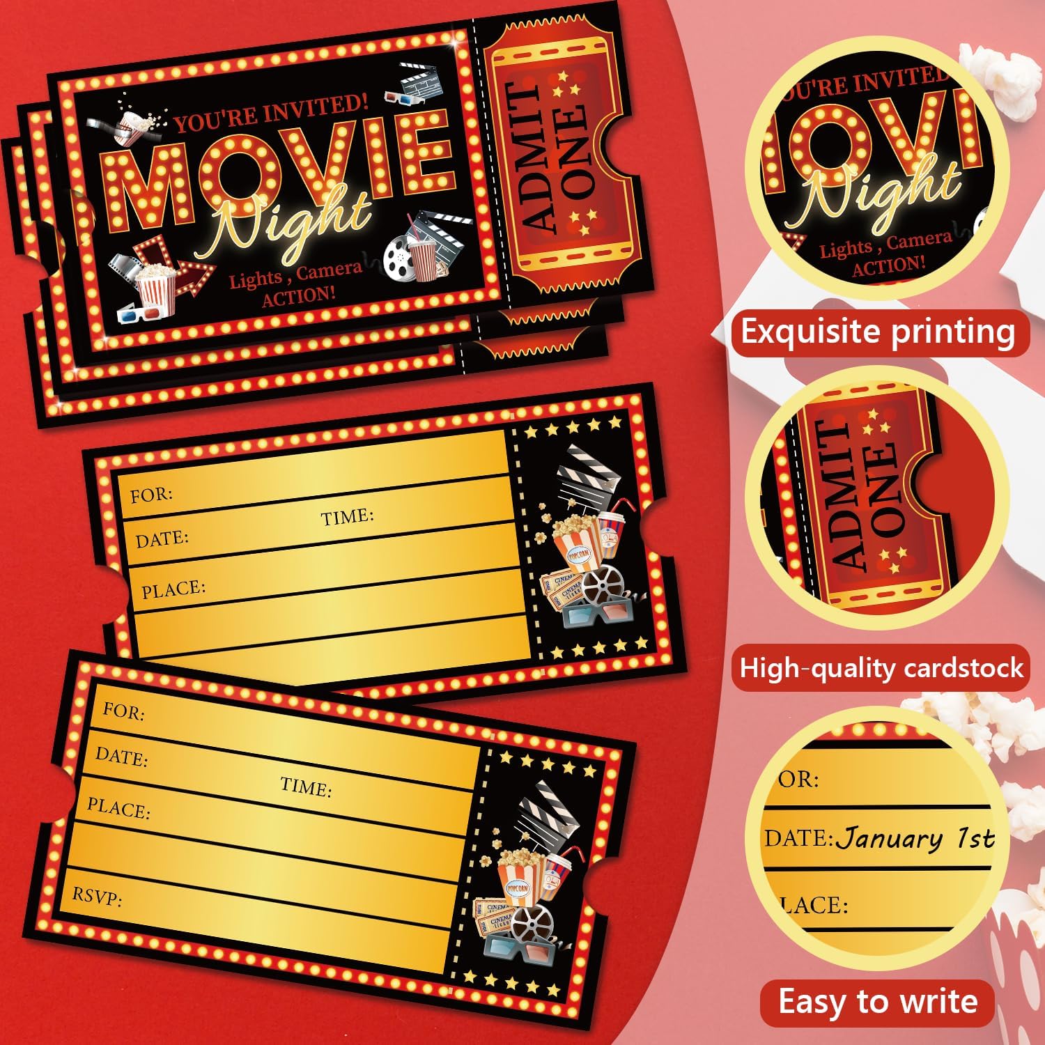 VIP Movie Tickets Style Birthday Invitations, Movie Night Birthday Tickets for Adults Boys Girls, Party Supplies & Decoration, 20 Pack with Envelopes, Double Sided