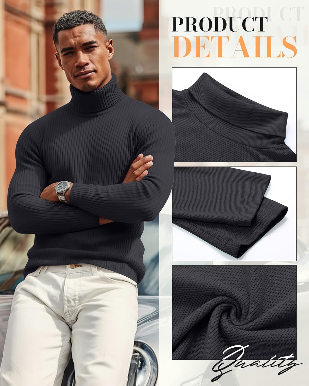 3 Pack Men's Ribbed Turtleneck Shirts, Long Sleeve Mock Neck Lightweight Pullover Sweaters Knit Base Layer Tee Tops - Image 3