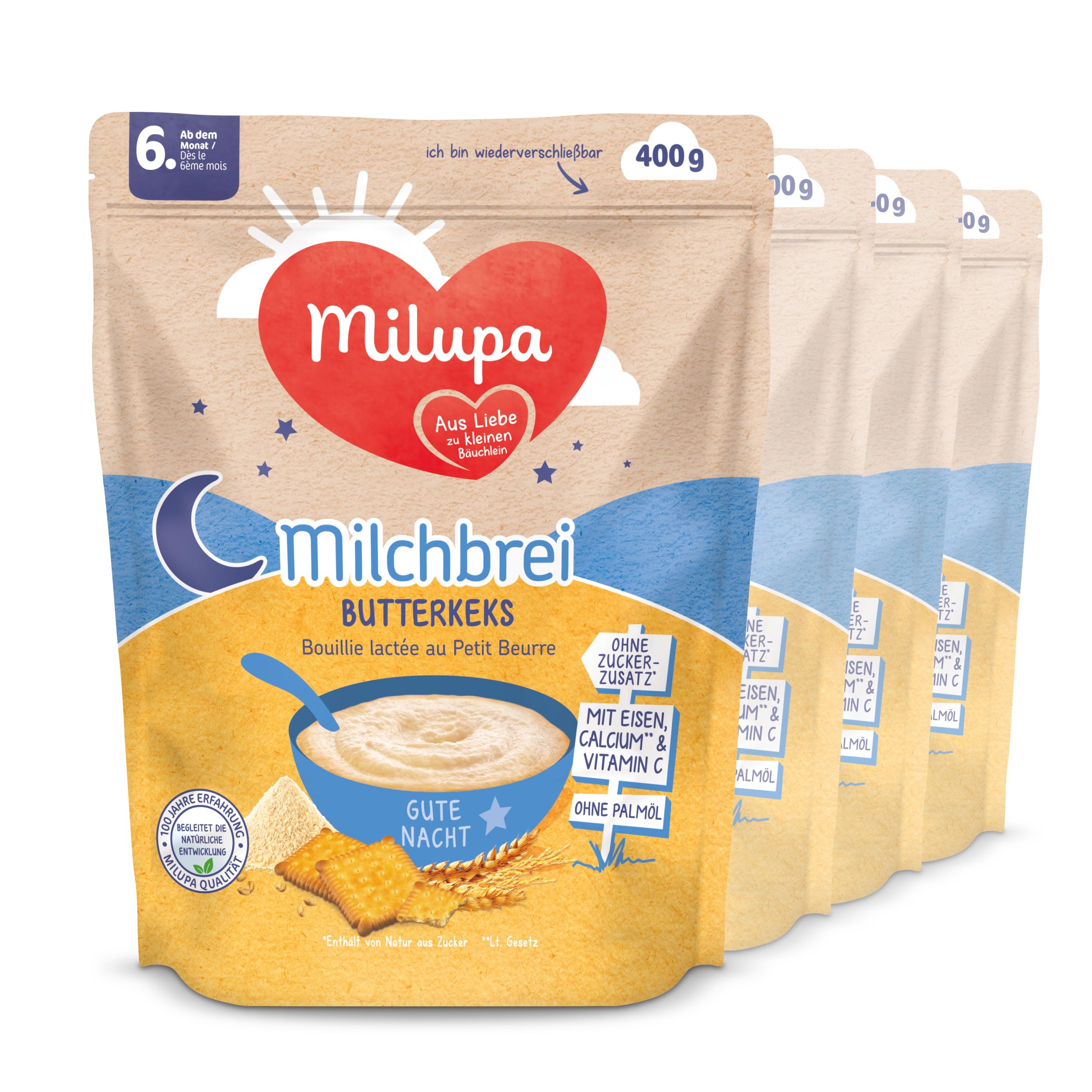Milupa Milchbrei Butterkeks – Babybrei ohne Palmöl – Frei von Konservierungs- und Farbstoffen – Ab dem 6. Monat – 4 x 400 g