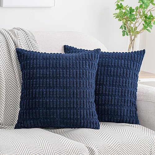 Miniatura 10 de HWY 50 Juego de 2 fundas de cojín decorativas de pana de 18 x 18 pulgadas, suaves, estilo bohemio, a rayas, para sofá, sala de estar, cama, color