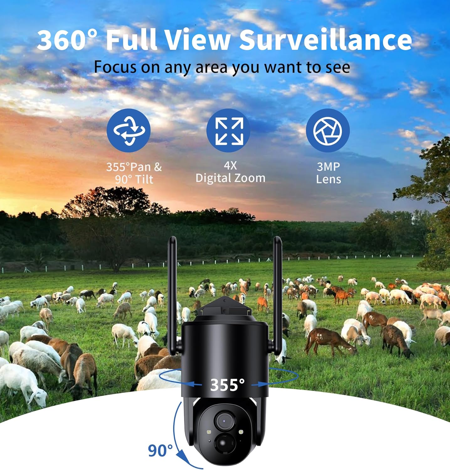 Security Cameras Wireless Outdoor Solar: Battery Cameras for Home Security WiFi Camera Outdoor Surveillance Camera PTZ 360° CCTV Cam System with Floodlight Color Night Vision PIR Sensor
