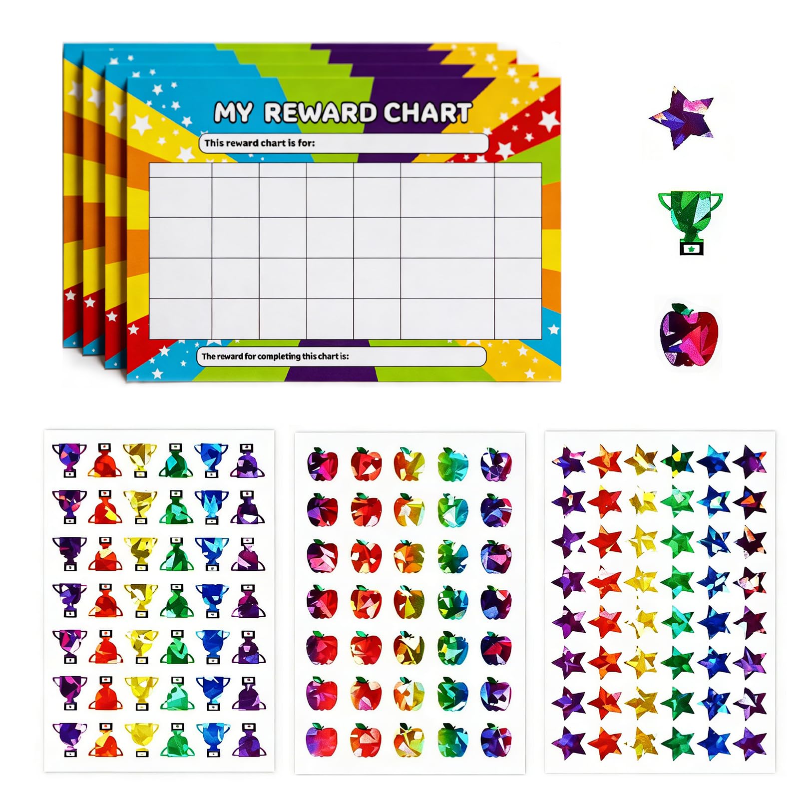 4 Pcs Reward Chart,A4 Paper Behaviour Reward Sticker Star Charts for Good Children,3 Style 21cm x 29.7cm 125 Stars Stickers for Kids Encourage Good Behaviour Educational Learning Activities Various
