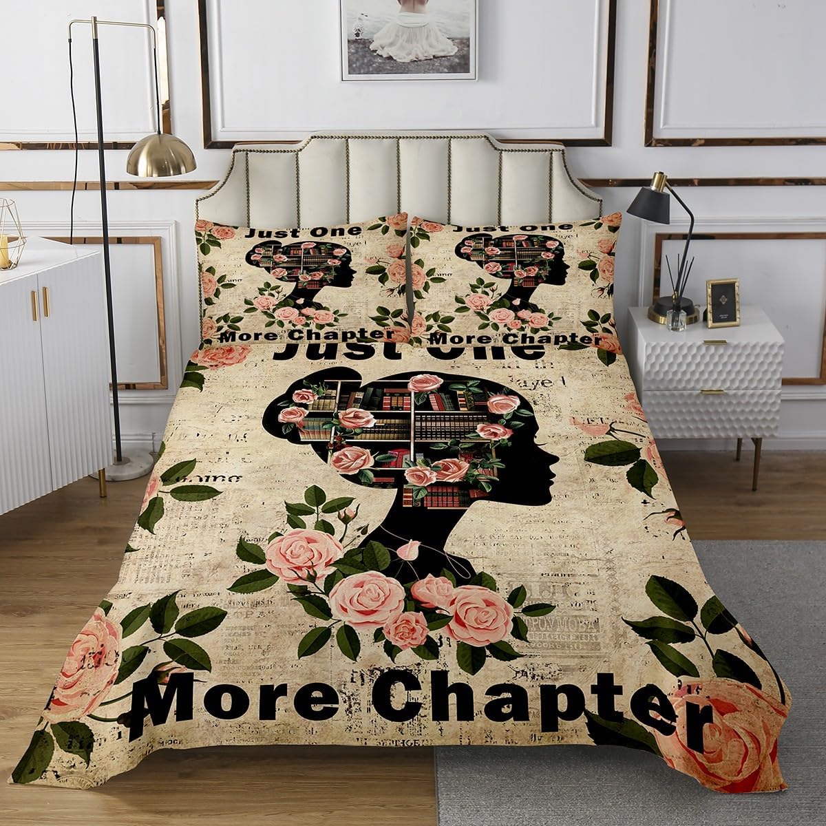 Homewish Book Reading Bedspread Twin Size,Pink Rose Flower Bedding Sets 2Pcs for Kids Girls Boys Room Decor,Reading Enthusiasts Comforter Set Vintage Style Quilt Coverlet,1 Pillowcase