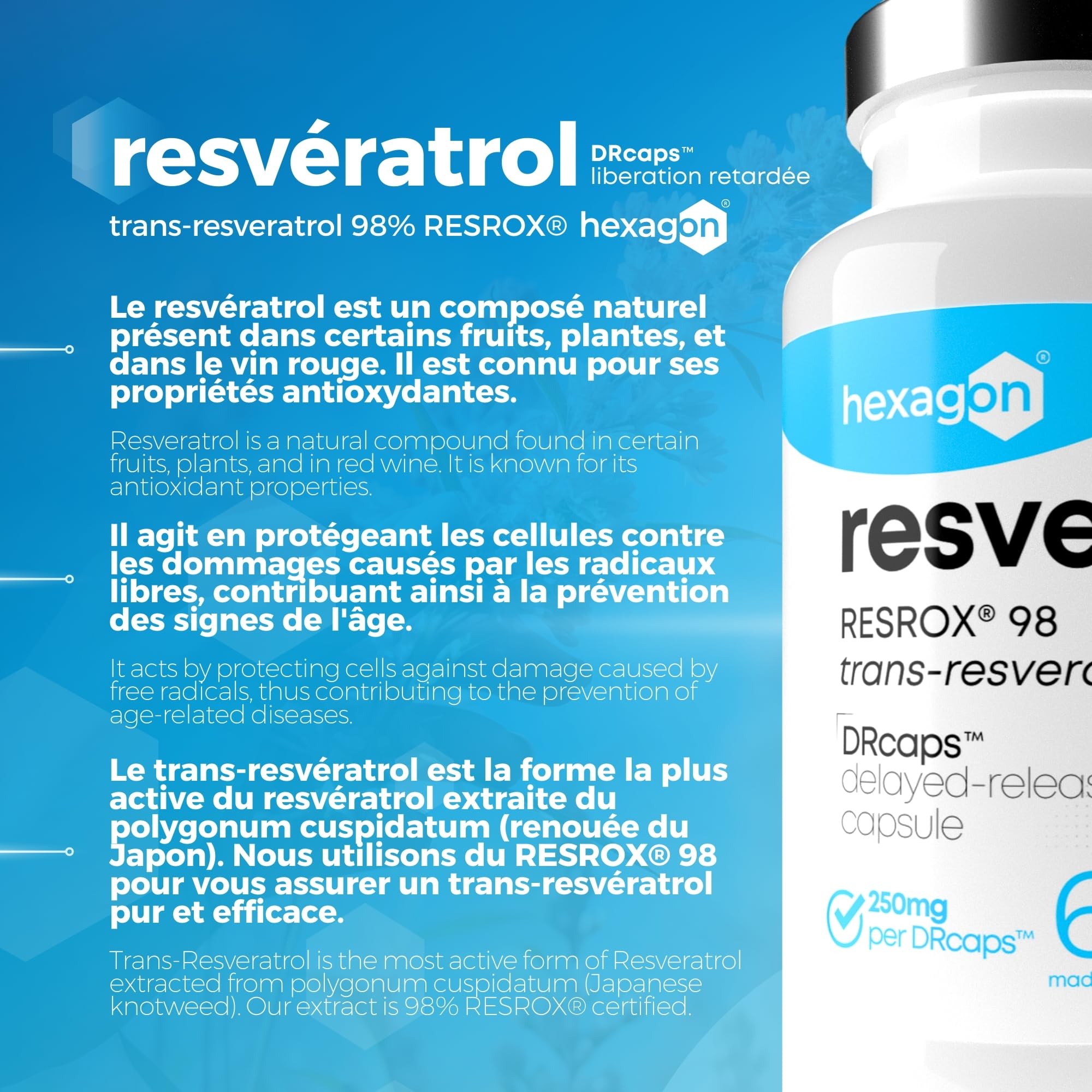 Resveratrol - Trans-Resveratrol 98% labellisé RESROX® - 60 Gélules DRcaps™ Libération Retardée 250mg - Resvegen™ Haute Disponibilité - Antioxydant & Anti-Aging - Fabriqué en France - Vegan - Hexagon