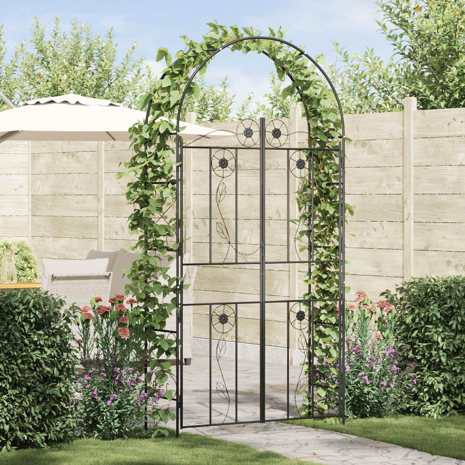 Arco de jardín rectangular negro de hierro para plantas, 115x37x226 cm