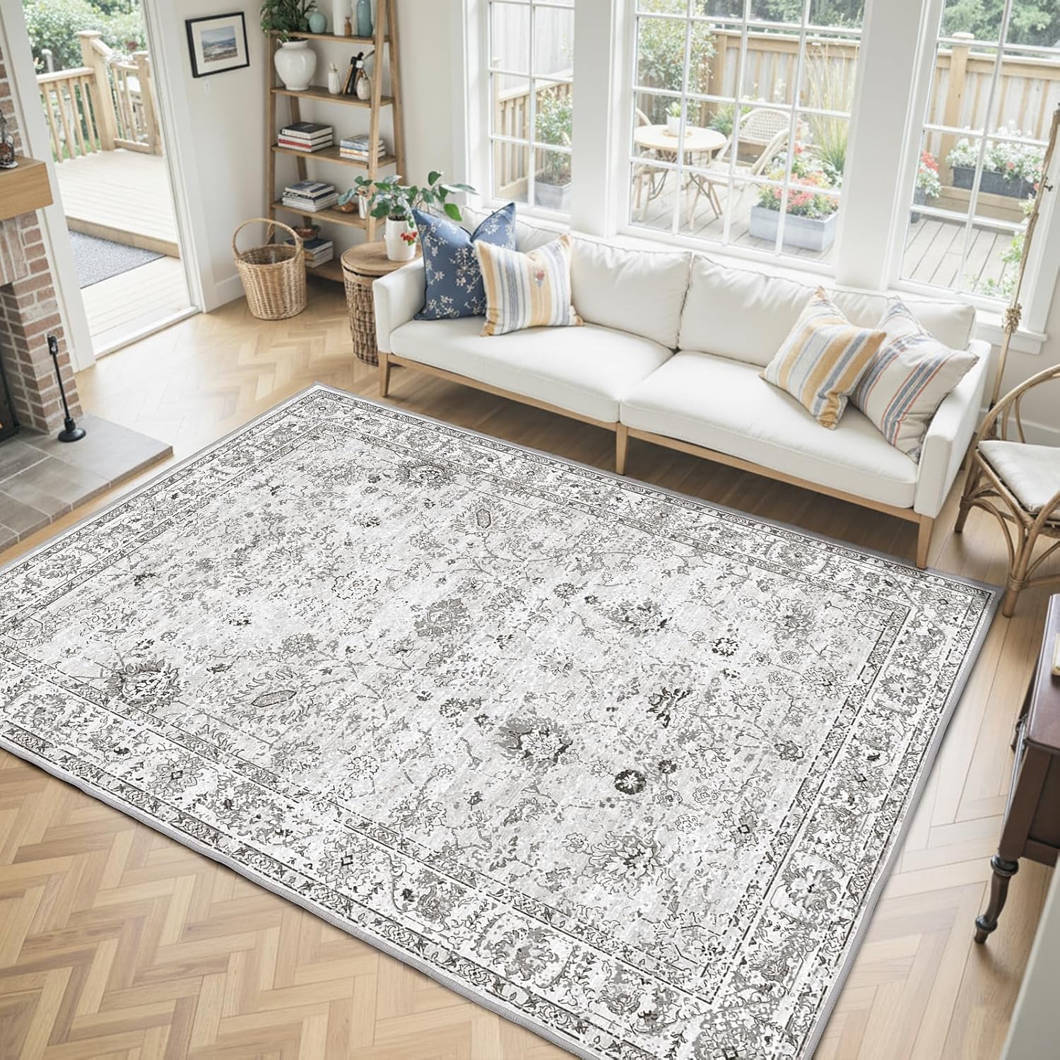 Washable Area Rug 8x10 Gray, Large Soft Rugs for Living Room Floral Grey White Carpet 8x10 Area Rugs for Bedroom Dining Room Non-Slip Stain Resistant Under Table Rug (8 x 10, Grey White)