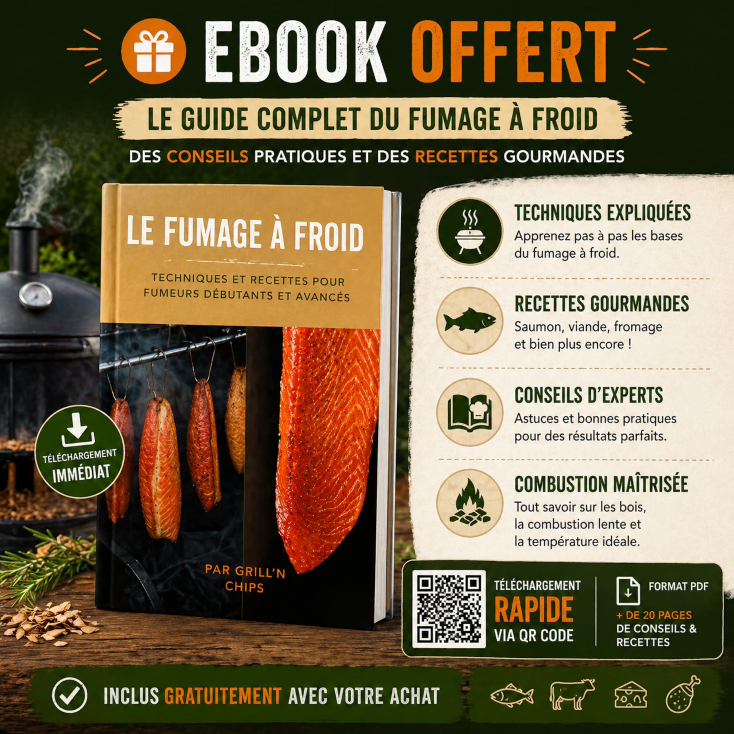 Générateur/Serpentin de Fumée Froide pour Fumoir Viande et Poisson + 1.2kg de Sciure de bois de hêtre + 4 crochets et 1 Brosse de nettoyage - Guide Numérique PDF à Télécharger (Offert)