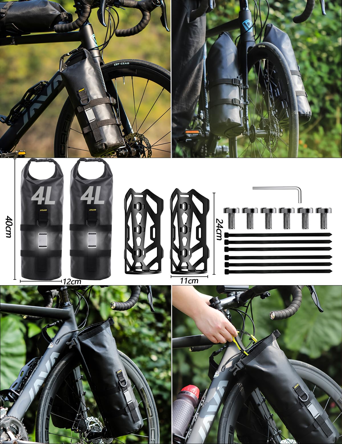 2 juegos de alforjas para bicicleta, 4 L + 4 L, con soporte versátil, 100 % impermeable, compatible con bicicletas de montaña y carretera