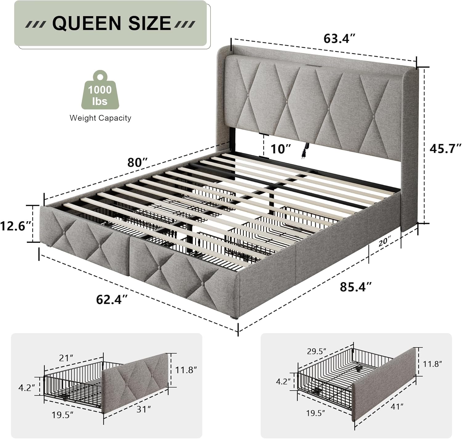 Feonase Queen Bed Frame with 4 Storage Drawers, Upholstered Button Tufted Storage Headboard with Fast Charging Station, Heavy Duty Slats Support, No Box Spring Needed, Noise-Free, Light Grey