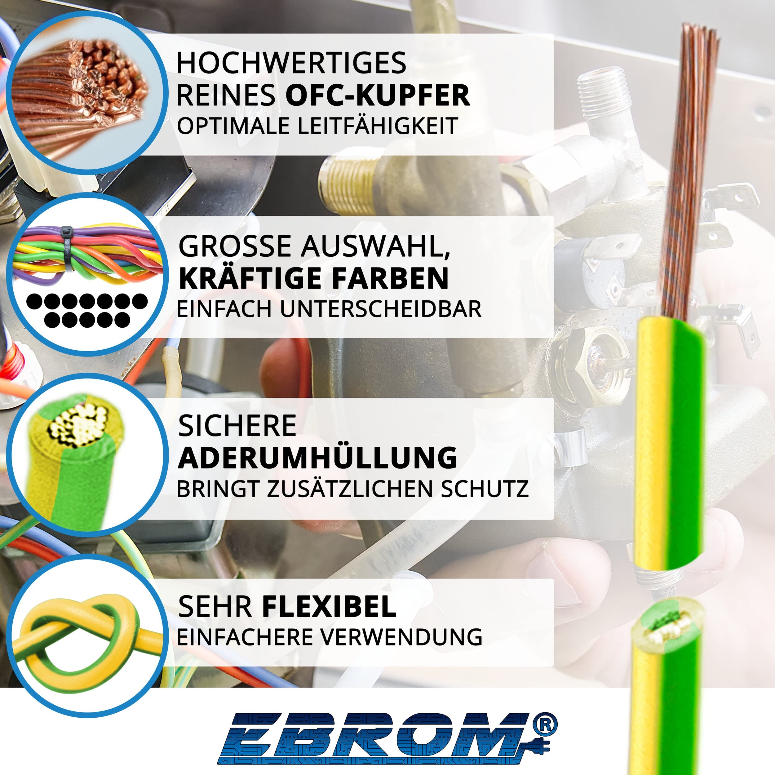 EBROM Aderleitung Erdungskabel H07V-K grün/gelb 16 mm², Ihre Länge 50 Meter | 5 bis 100 Meter - FLEX (K = flexibel feindrähtig 99,9% OFC Kupfer, Vollkupfer) 1 x 16 mm2 - Schutzleiter, Verdrahtungsleitung