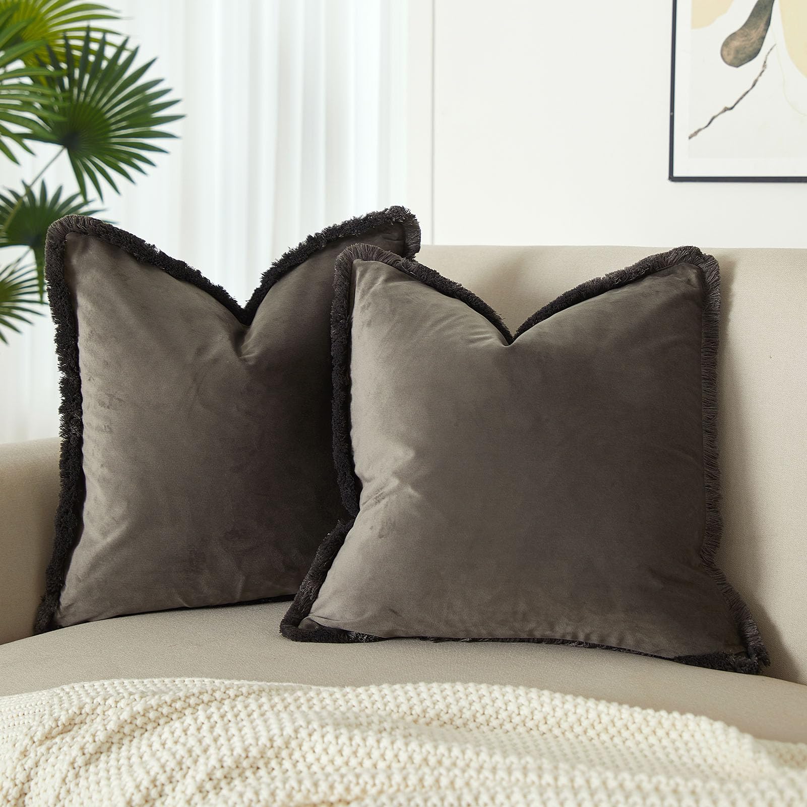 JUSPURBET Pack of 2 Ash Decorative Fringe Velvet Throw Pillow Covers 26x26 for Home Decor Living Room Bedroom Car Boho Soft Cushion Cover with Hidden Zipper Machine Washable — image 1