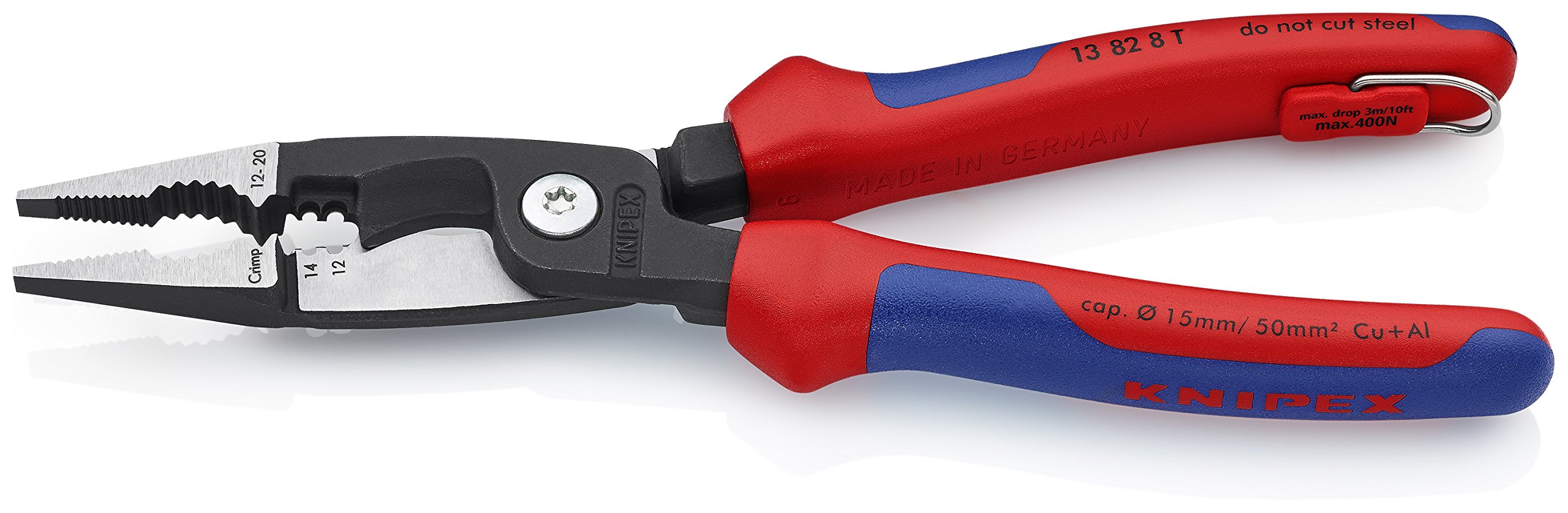 KNIPEX - 13 82 8 T BKA Tools - Alicates de instalación eléctrica, 12,14 AWG, multicomponente, fijación atada (13828TBKA)