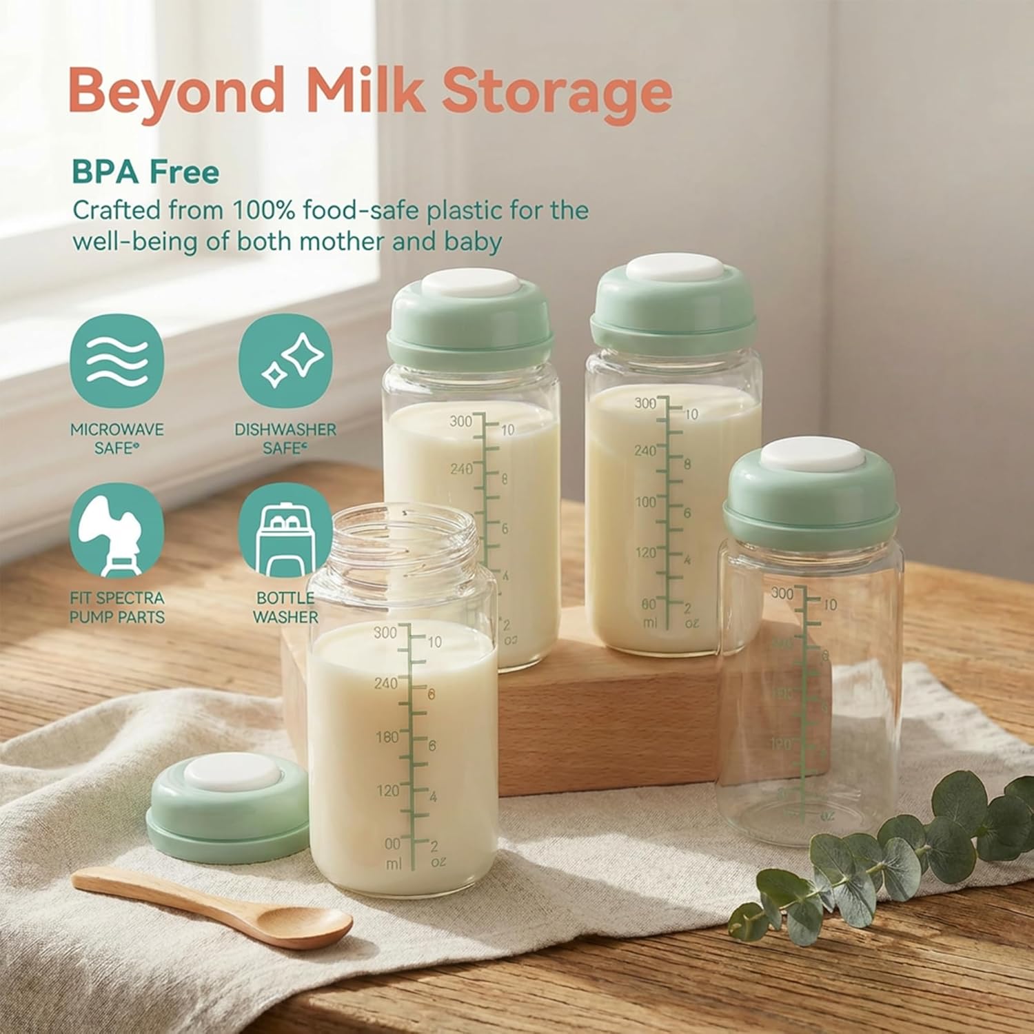 4PCS Breastmilk Storage Bottles Wide Neck Compatible with Spectra S1/S2/9 Plus & Motif Luna Pumps,Leak-Proof BPA Free Breast Milk Storage Containers for Pumping,with Lids Fit Momcozy Cooler,Green