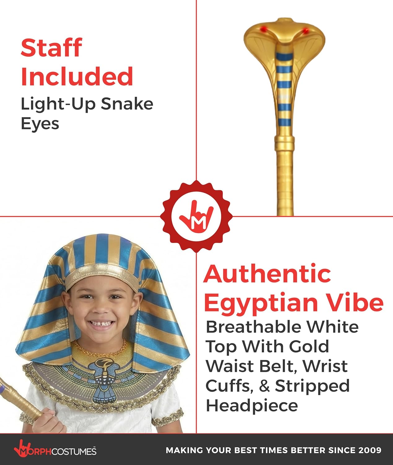 Morph King Tut Costume Kids with LightUp Snake Staff, Egyptian Costumes Boys, Pharaoh Costume Boys, Book Characters Costumes