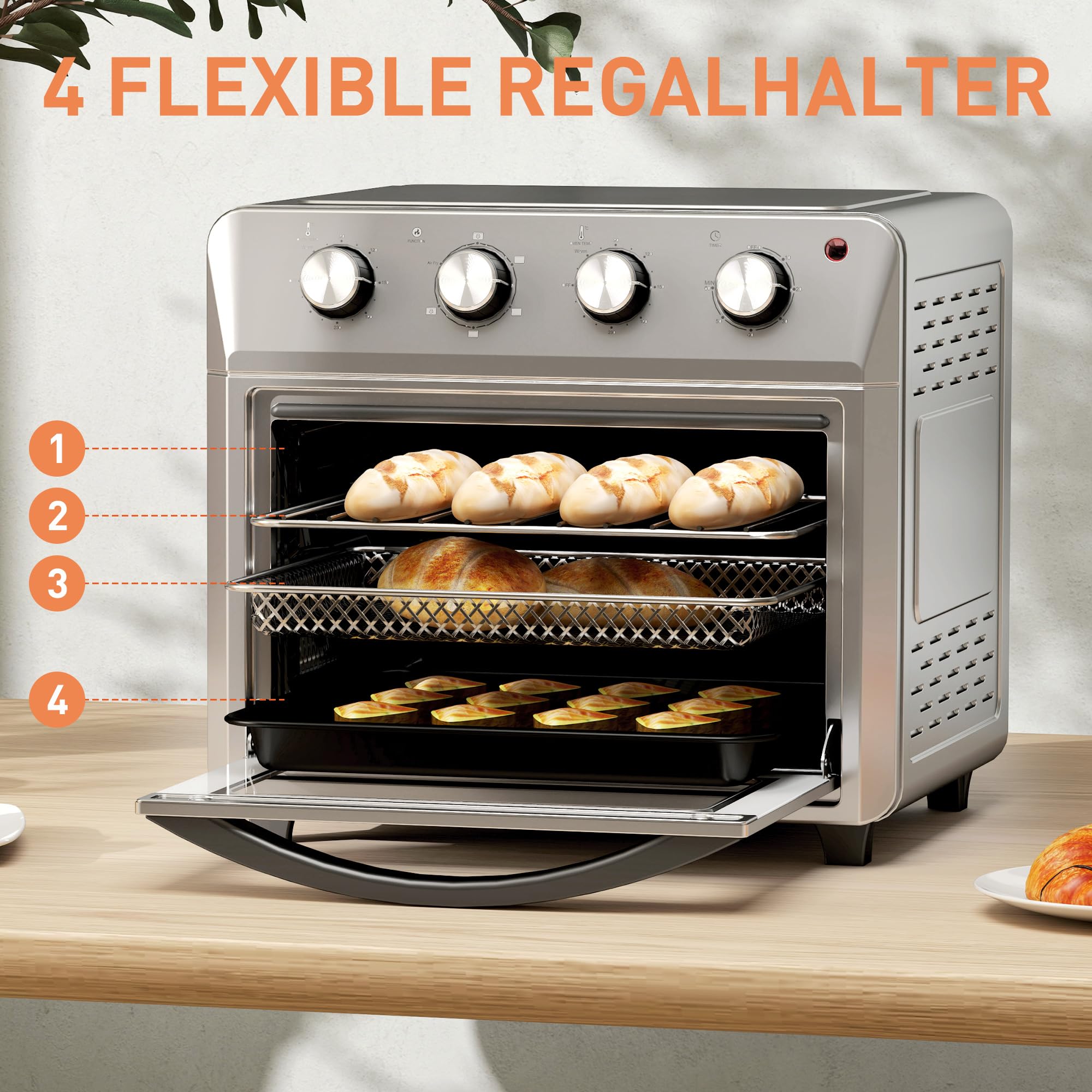 HOMCOM Mini Backofen mit Umluft Minibackofen 24 L 1600W 90-230℃ Silber | 60 Min. Timer, Heißluftfritteuse inkl. Backblech Grillrost, Heißluftofen, Innenbeleuchtung