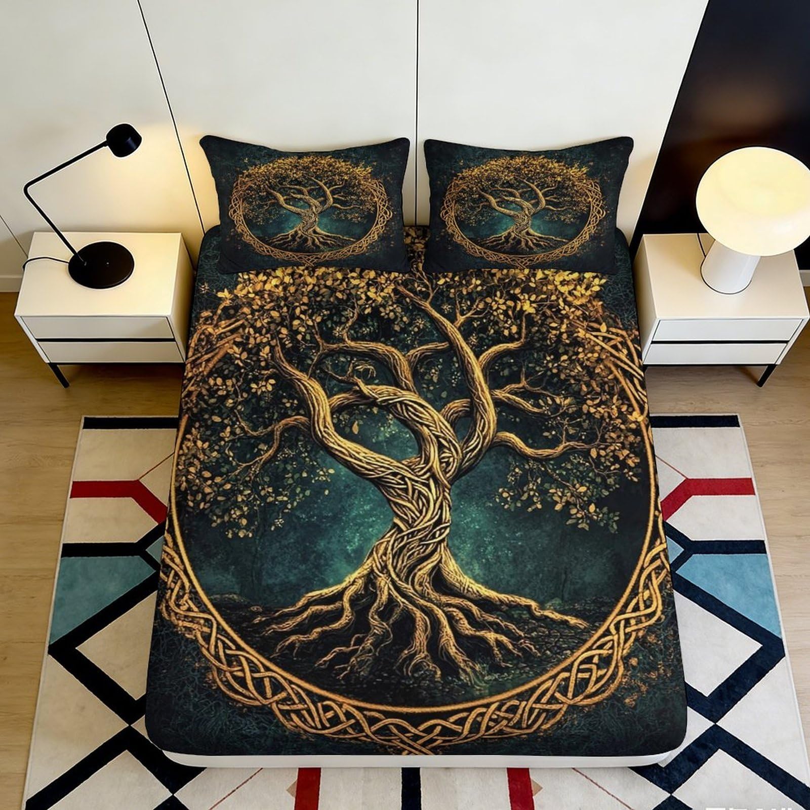 3D Printed Tree of Life Fitted Sheet Microfiber Soft Decorative Celtic Roots Mattress Cover for Bedroom Dorm Room 90x200x25cm