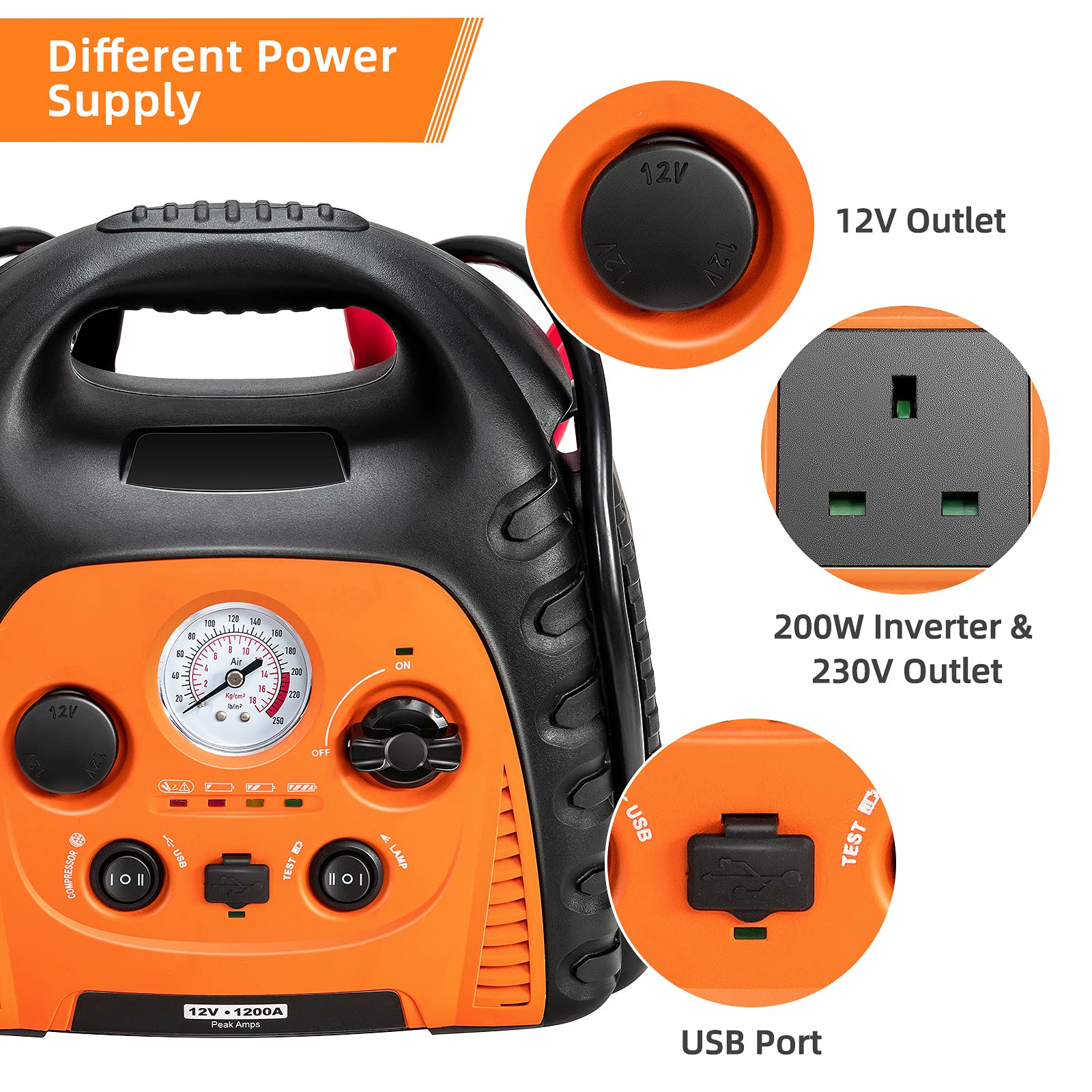 COSTWAY 22000mAh Emergency Jump Starter, 1200 Peak Amps 12V Portable Power Pack Station with Air