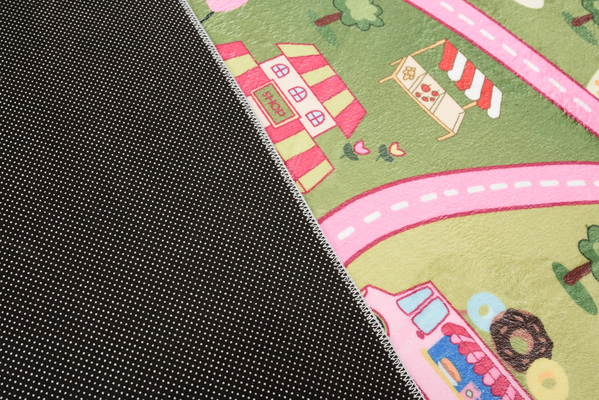 TAPISO Flannel Tapis Chambre Enfant Bébé Fille Garçon Antidérapant Lavable Rose Vert Bleu Blanc Tapis de Jeux Voiture Circuit Route Ville Poils Ras Oeko-TEX Résistant 120 x 170 cm