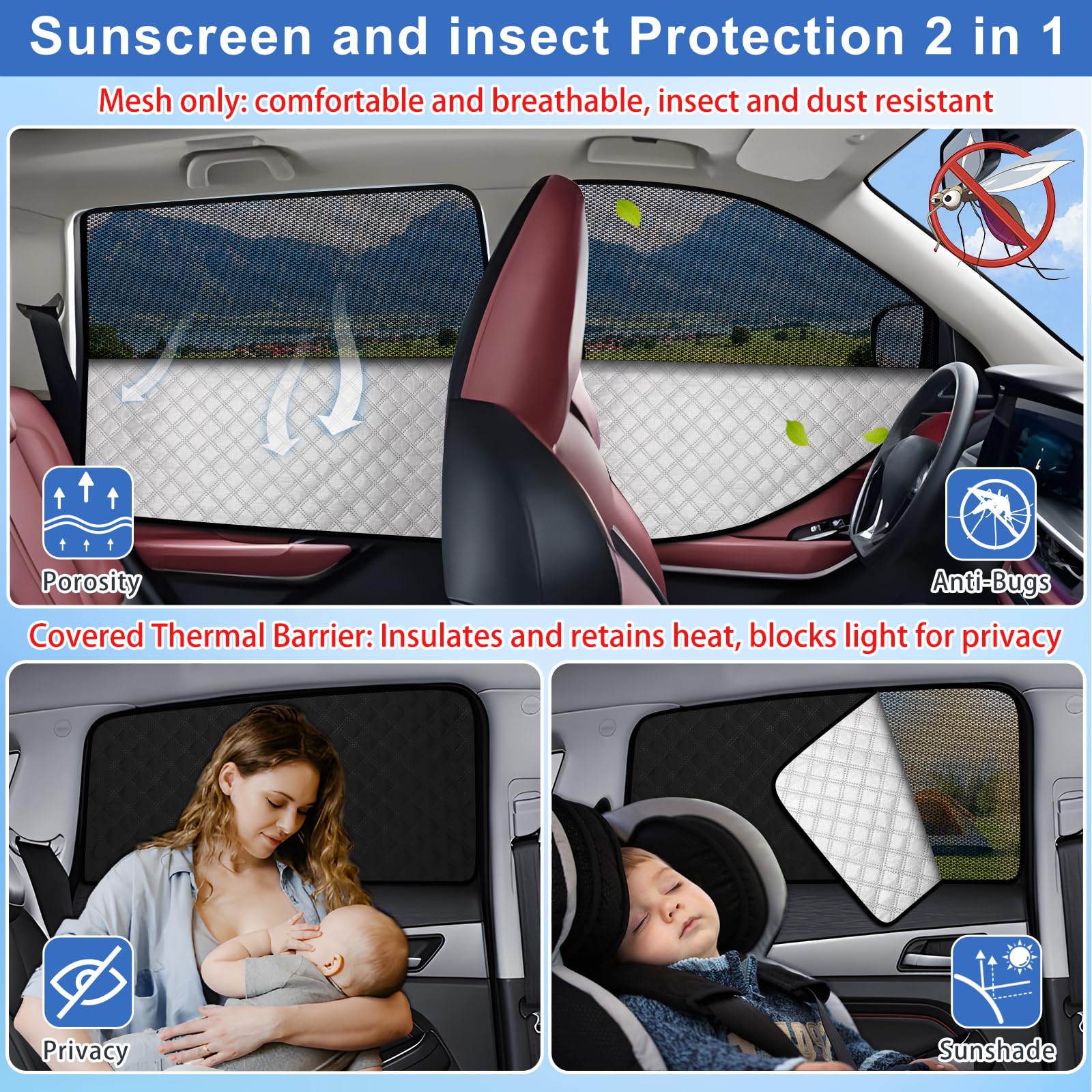 Parasol Coche para VW Passat B8 Variant 2016-2022 Ventanas Lateral 6 Piezas | XCBYT, 2 en 1: Parasol y Mosquitera para Coche, Magnética, Privacidad y Ventilación para Camping y Dormir en Coche, Anti UV