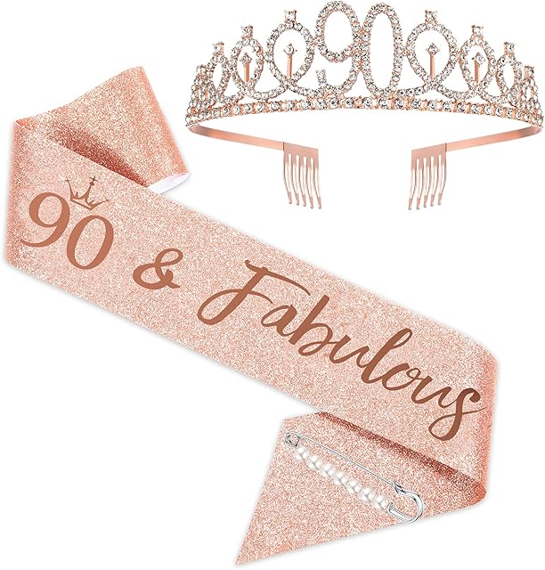 90th Birthday Sash and Tiara for Women, Rose Gold Birthday Sash Crown 90 & Fabulous Sash and Tiara for Women, 90th Birthday Gifts for Happy 90th Birthday Party Favor Supplies