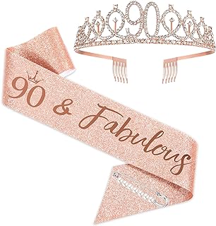 90th Birthday Sash and Tiara for Women, Rose Gold Birthday Sash Crown 90 & Fabulous Sash and Tiara for Women, 90th Birthday Gifts for Happy 90th Birthday Party Favor Supplies