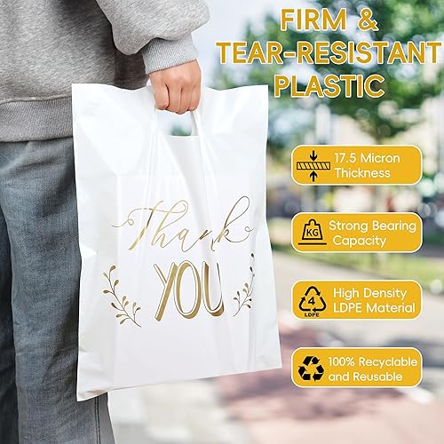 Miniatura 2 de POPGIFTU Bolsas de agradecimiento de 12 x 15 pulgadas, bolsa de compras de plástico blanco con asas troqueladas, paquete de 100 bolsas de mercancía