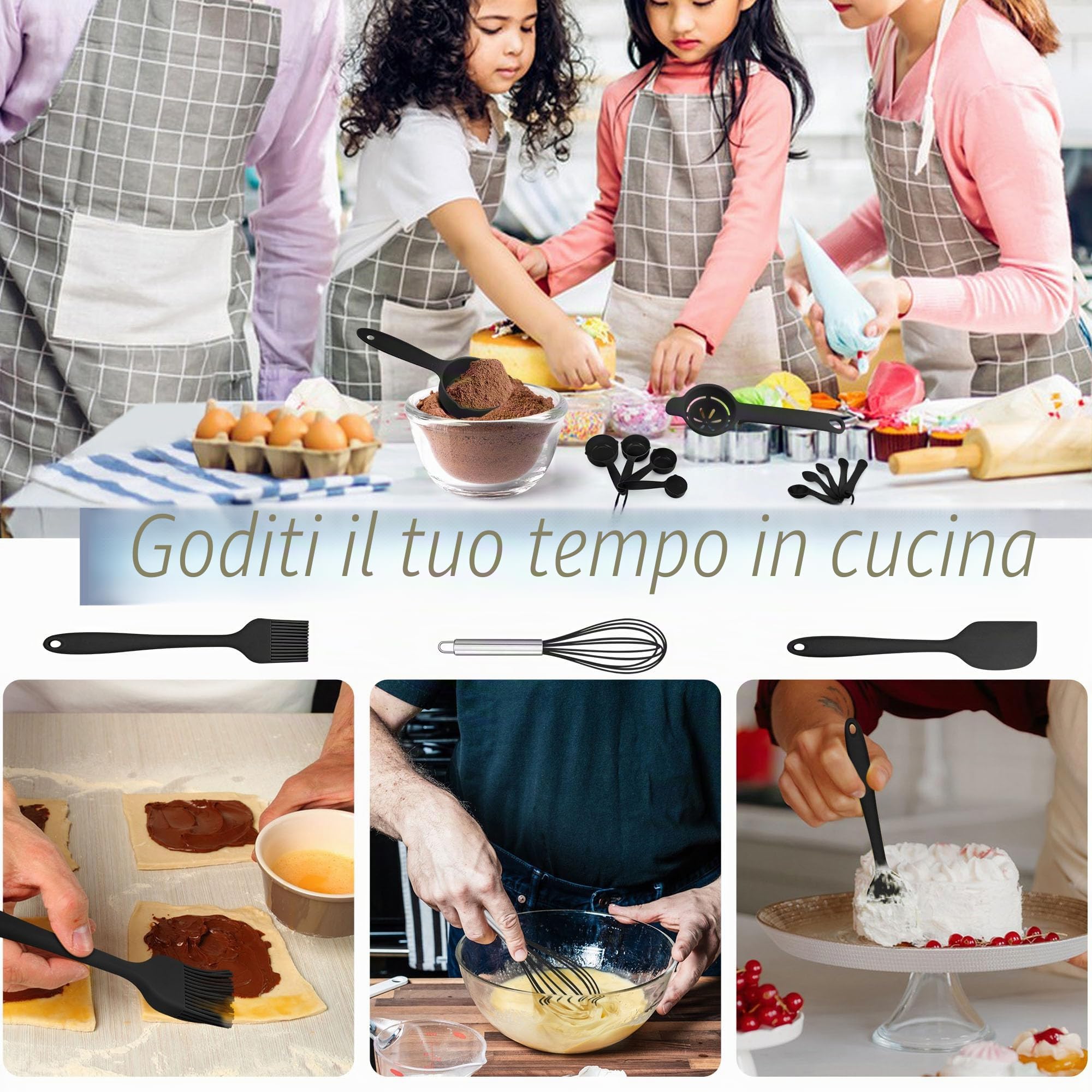HaWare Set utensile da cucina, 21 pezzi in silicone, antiaderente, pentole con porta utensile, lavabile in lavastoviglie, colore nero