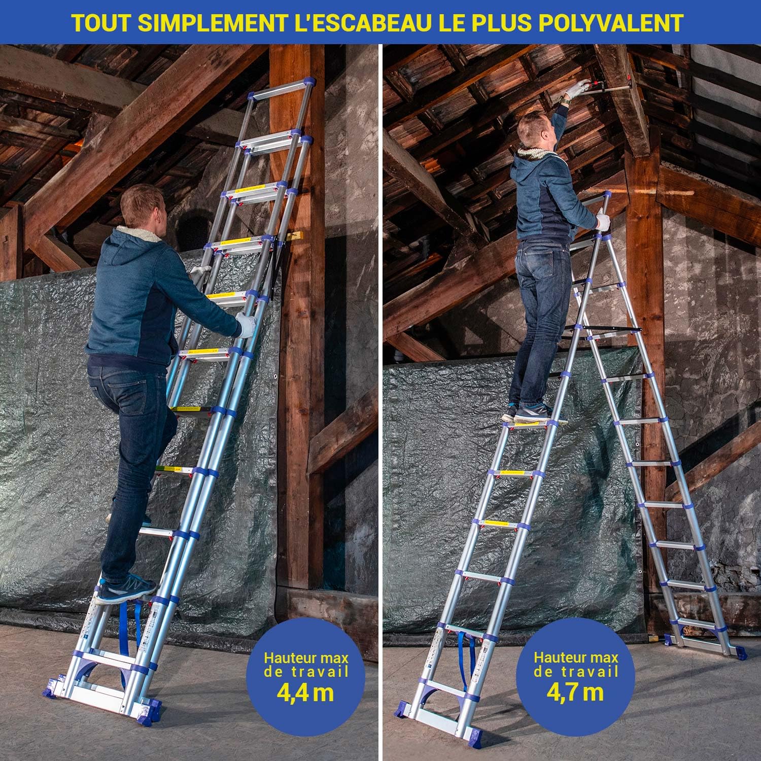 HOSTRÖM Escabeau 11 marches telescopique EXTENDACT11, Echelle telescopique 3.2m+2.9m, Pliable, Stabilisateur, H Max Travail 4.7m, Garantie 5 Ans