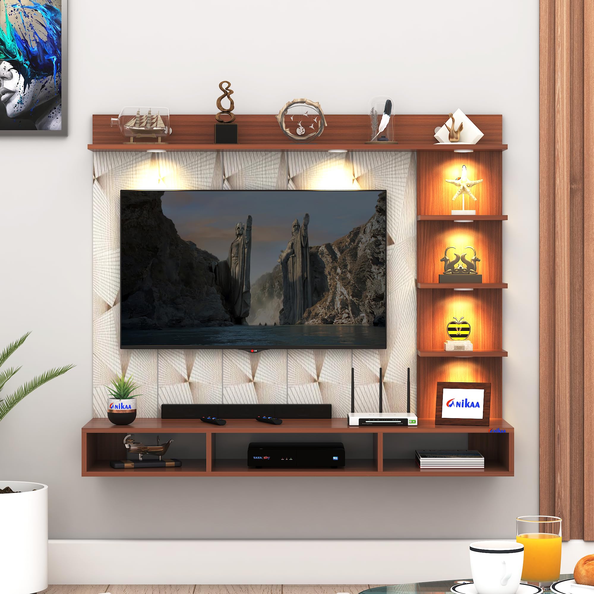 FURNIWUD Ryder Engineered Wood Wall-Mount TV Unit with PVC Back Panel & LED Lights | TV Cabinet with Storage Box & Decorative Shelves (Walnut) | Ideal for TVs up to 43 Inch | DIY Installation-image-19