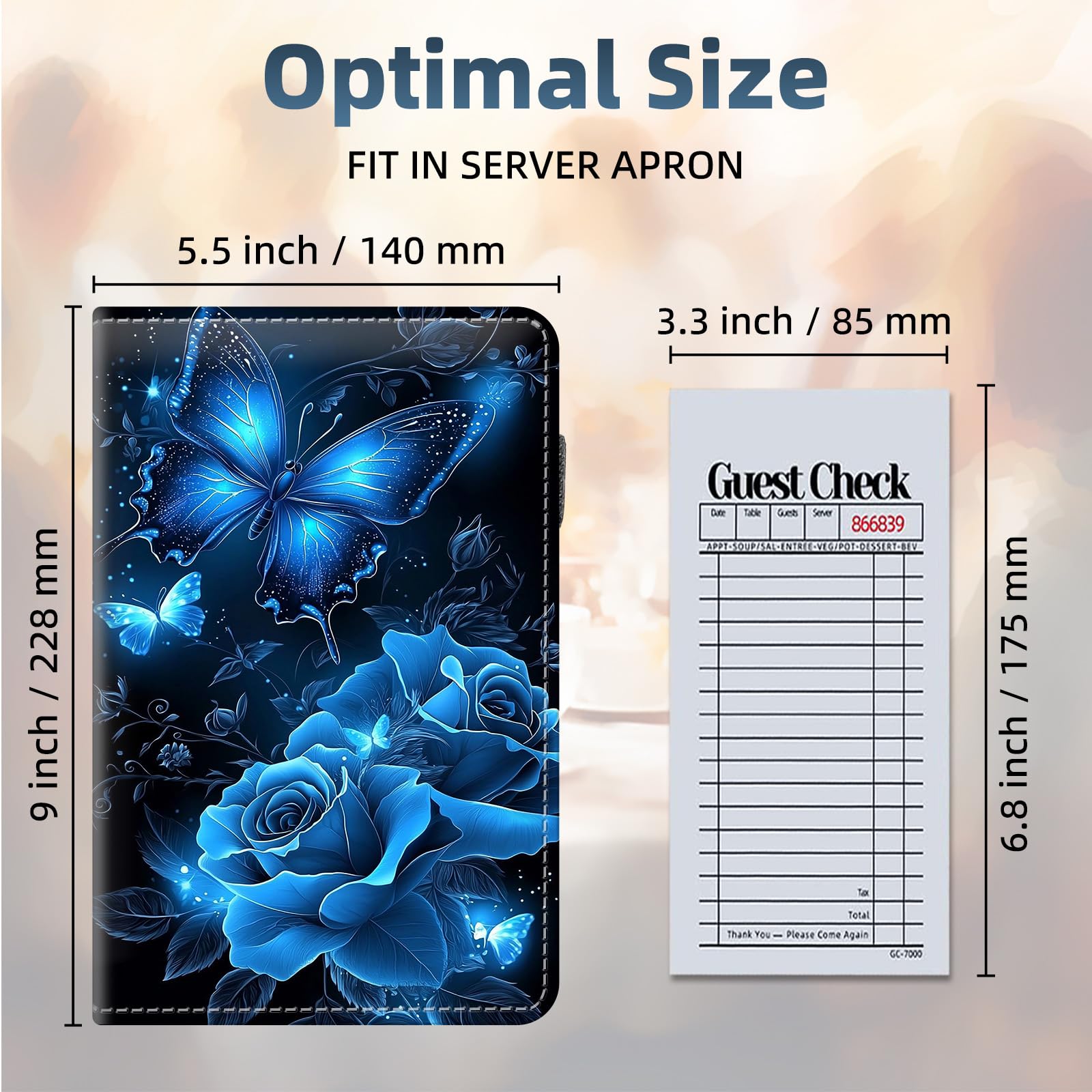 FQSXFIFN Leather Server Book for Waitress, Cute Server Book with Zipper Money Pocket,Check Presenters Waitstaff Organizer Fit Server Apron, Blue Roses Serving Books, Black Waiter Books for Servers