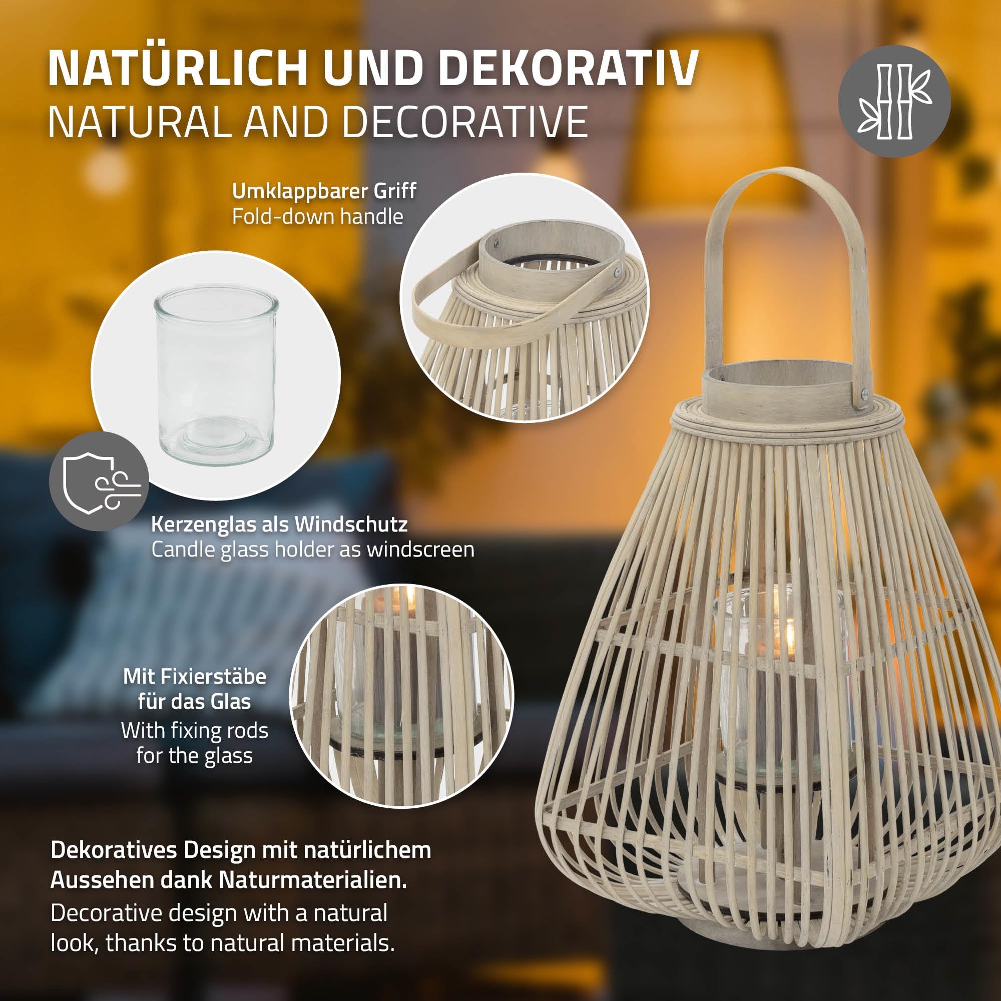 ECD Germany Linterna de Bambú de Madera, 55cm de Altura, Portavelas de Jardín con Asa y Inserto de Cristal, Farolillo de Estilo Boho, Lámpara Colgante Interior/Exterior Decorativo para Terraza, Balcón