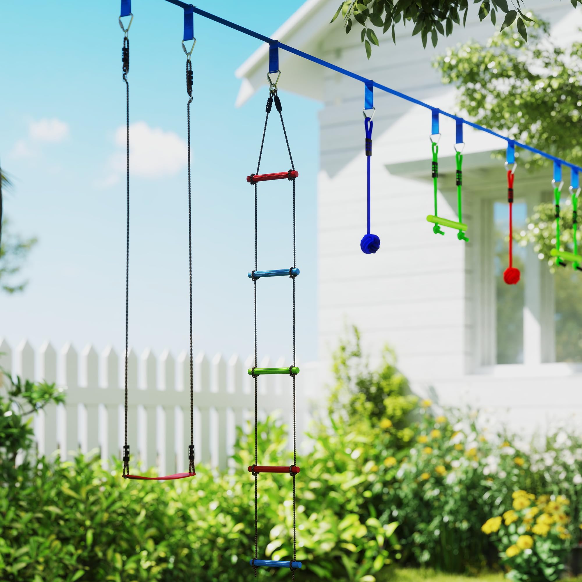 AIYAPLAY Ninja Line Kinder 10m Slackline Set mit Turnringe, Schaukel, Kletterleiter, Baumschutz, Kletterstangen, Hängetablett Outdoor Spielset Ausrüstung für 3-6 Jahre Kinder Blau+Rot