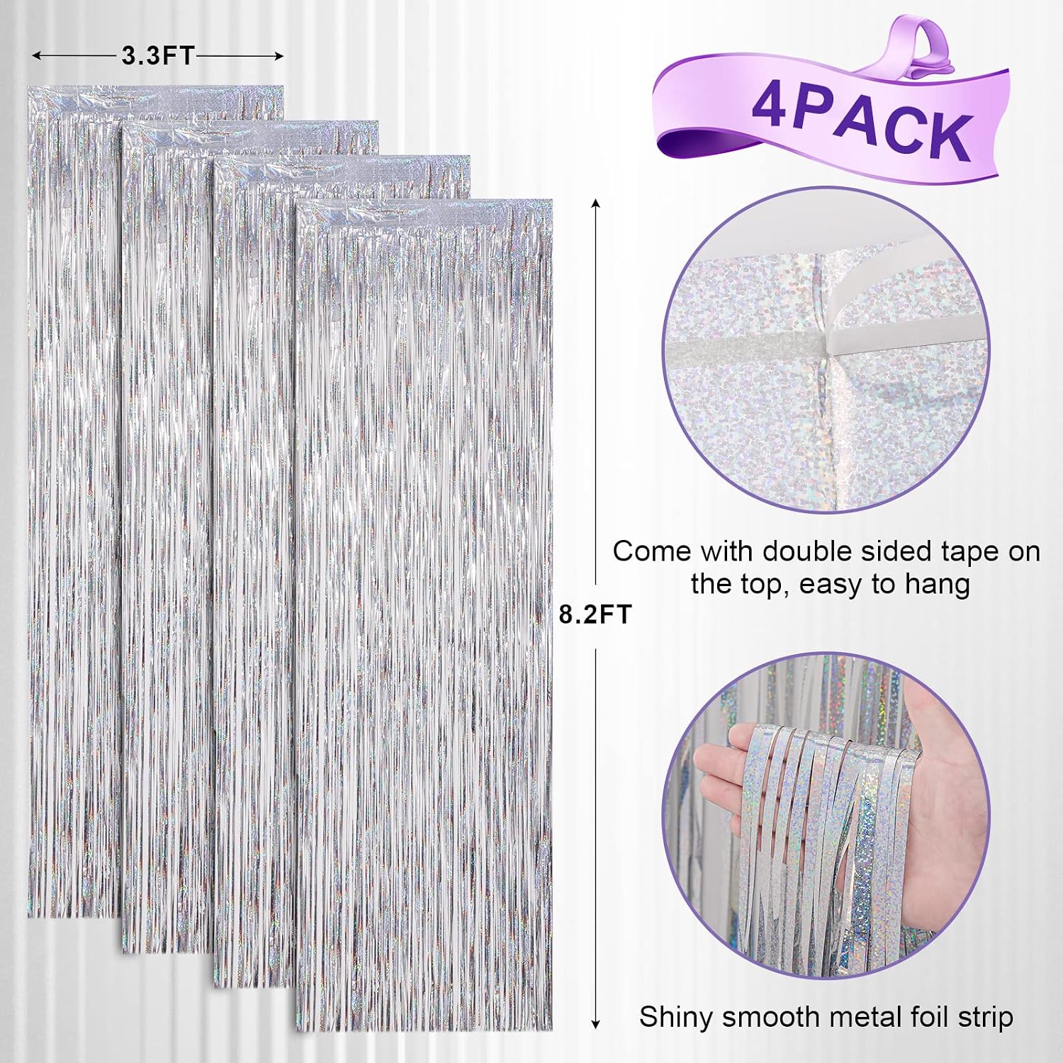 Voircoloria 4 Pack Laser Silver Foil Fringe Backdrop Curtains,3.3x8.2Ft image 3
