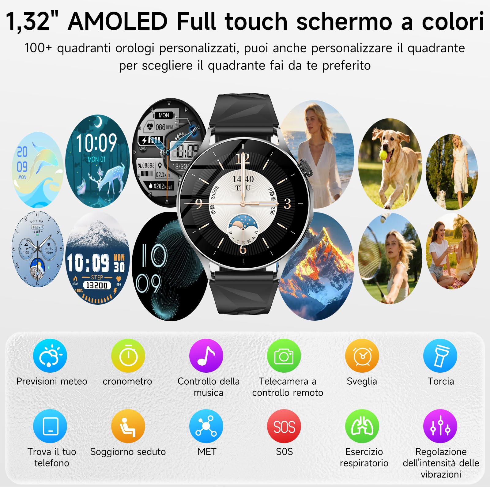 Nuo Smartwatch Donna Uomo con ECG/HRV/Pressione Sanguigna/BMI/Acido Urico | 1.32" AMOLED Orologio Fitness con Cardiofrequenzimetro/Sonno/Stress/Temperatura/Emozioni/SOS/Emozioni/Chiamate, iOS/Android