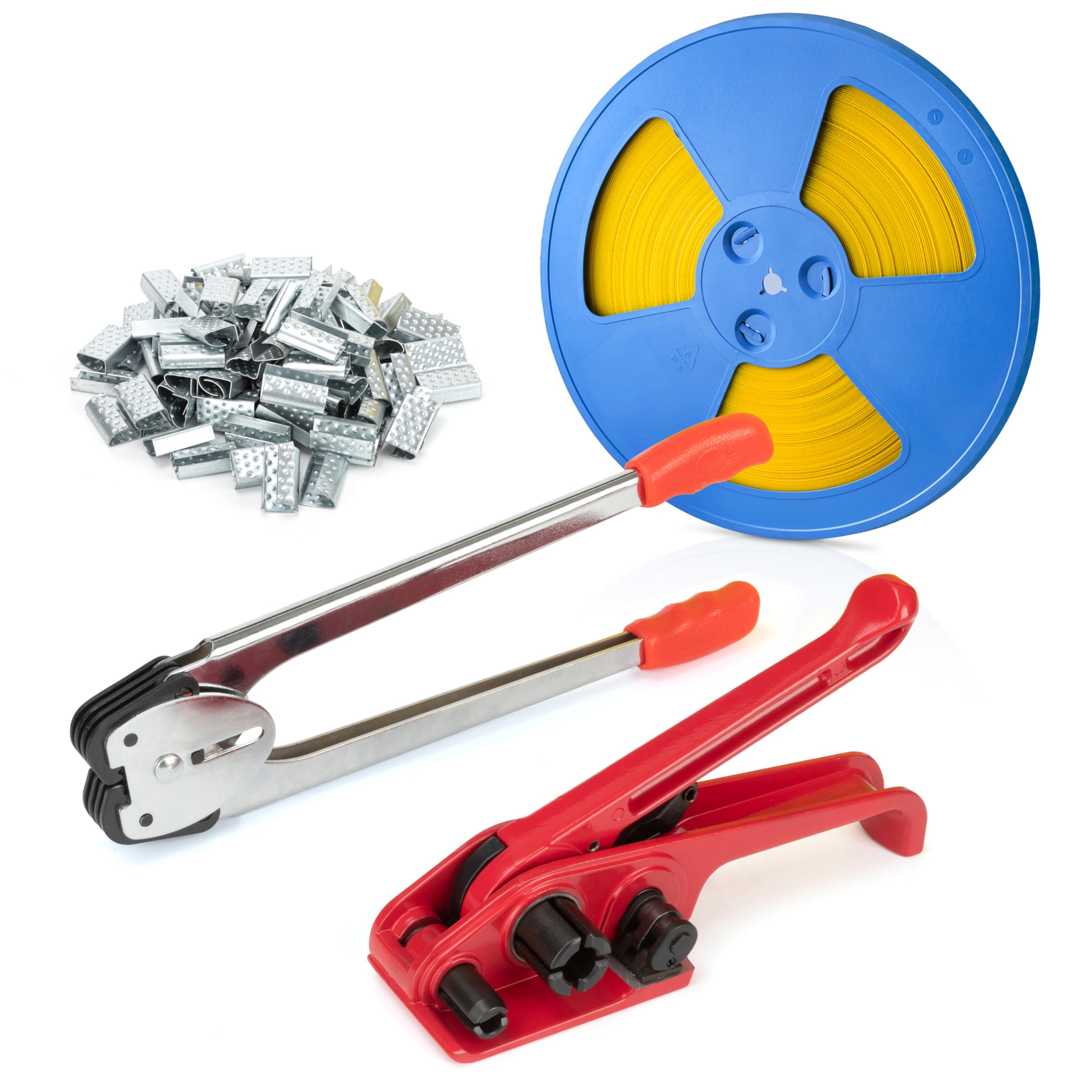 Poly-Umreifungsband-Spanner und -Schneider, manuelles Umreifungs- und Versiegelungswerkzeug-Set mit PP-Kunststoff-Umreifungsset, 10.000 Zoll Länge, 100 Metallplomben
