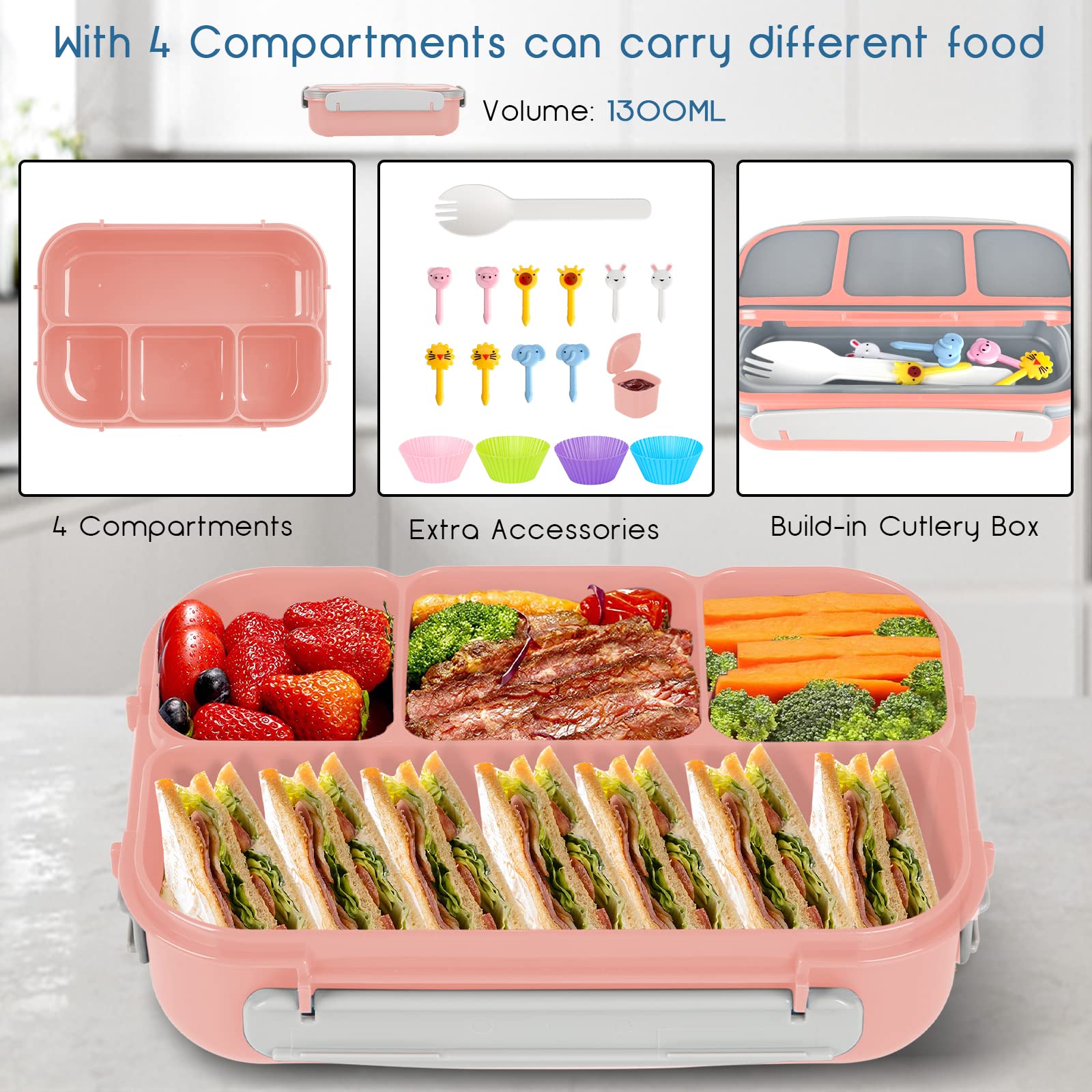 Boîte à Bento Pour Enfants Et Adultes Avec 3 Compartiments, Cuillère Et Fourchette, Pot à Sauce