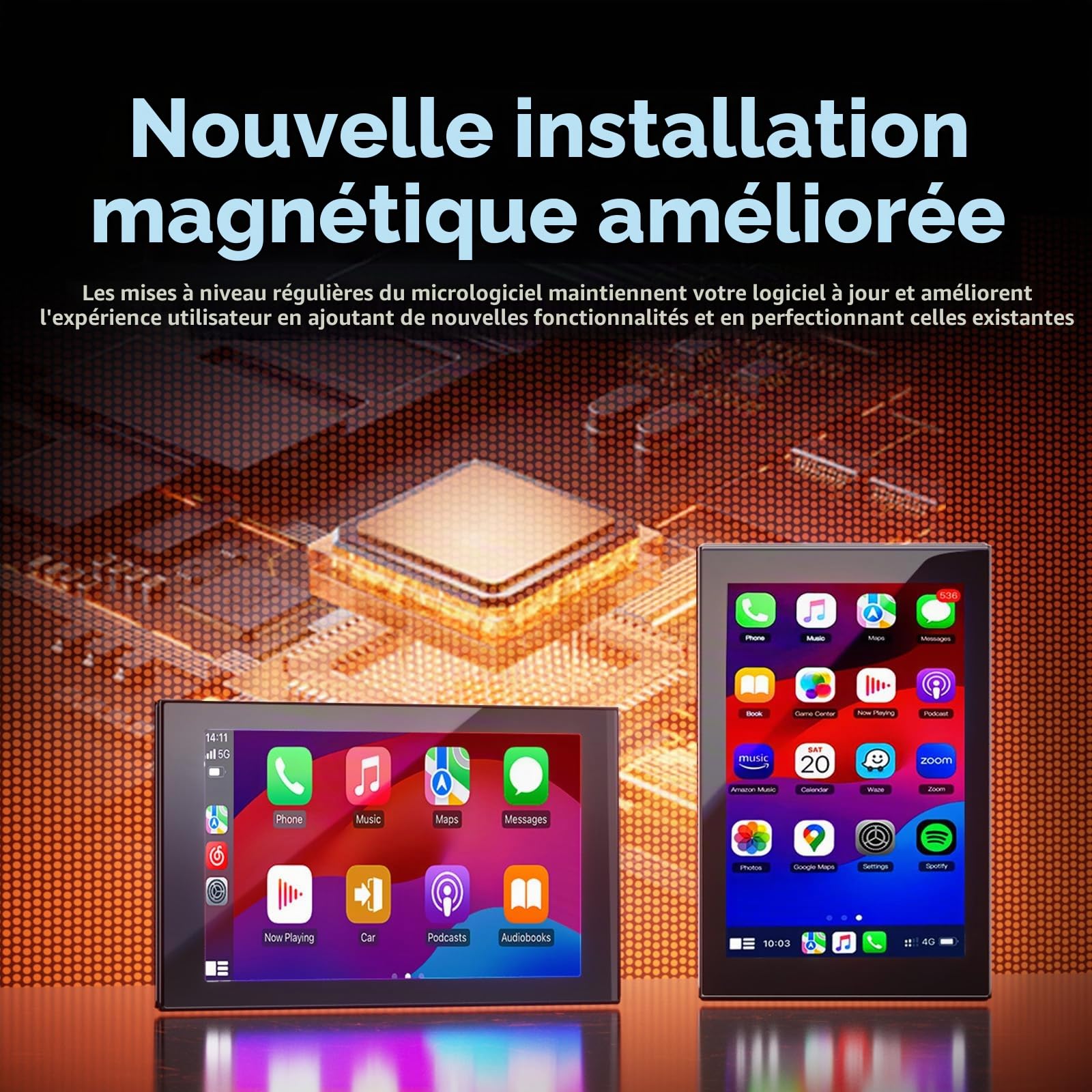 Écran Portable 7 Pouces pour Apple CarPlay et Android Auto | Écran Orientable avec Caméra de Recul, Mirrorlink, Mises à Jour OTA, Commande Vocale Bluetooth