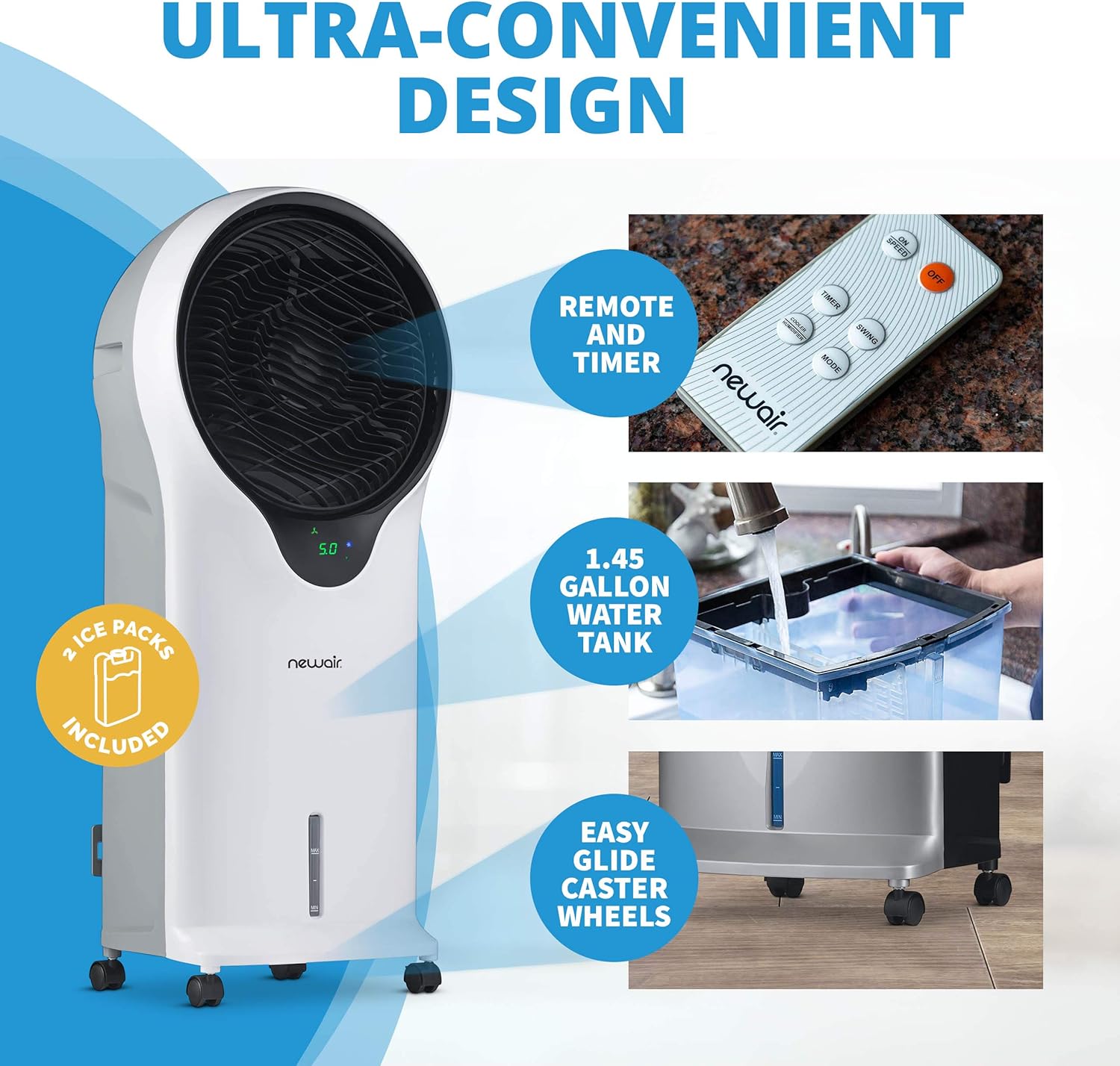 Newair Evaporative Air Cooler | AC Portable Air Conditioner Alternative with 470 CFM Airflow | Room Cooling Fan for Bedroom, Garage & Indoor Use | White