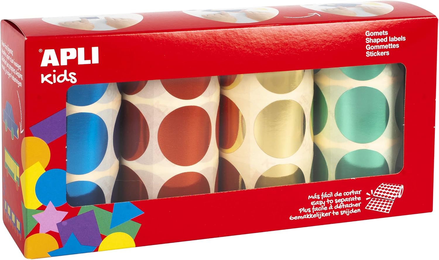 APLI Kids 18400 – Pack of Metallic Round Rolls Ø 33 mm Yellow, Blue, Red and Green 4 U