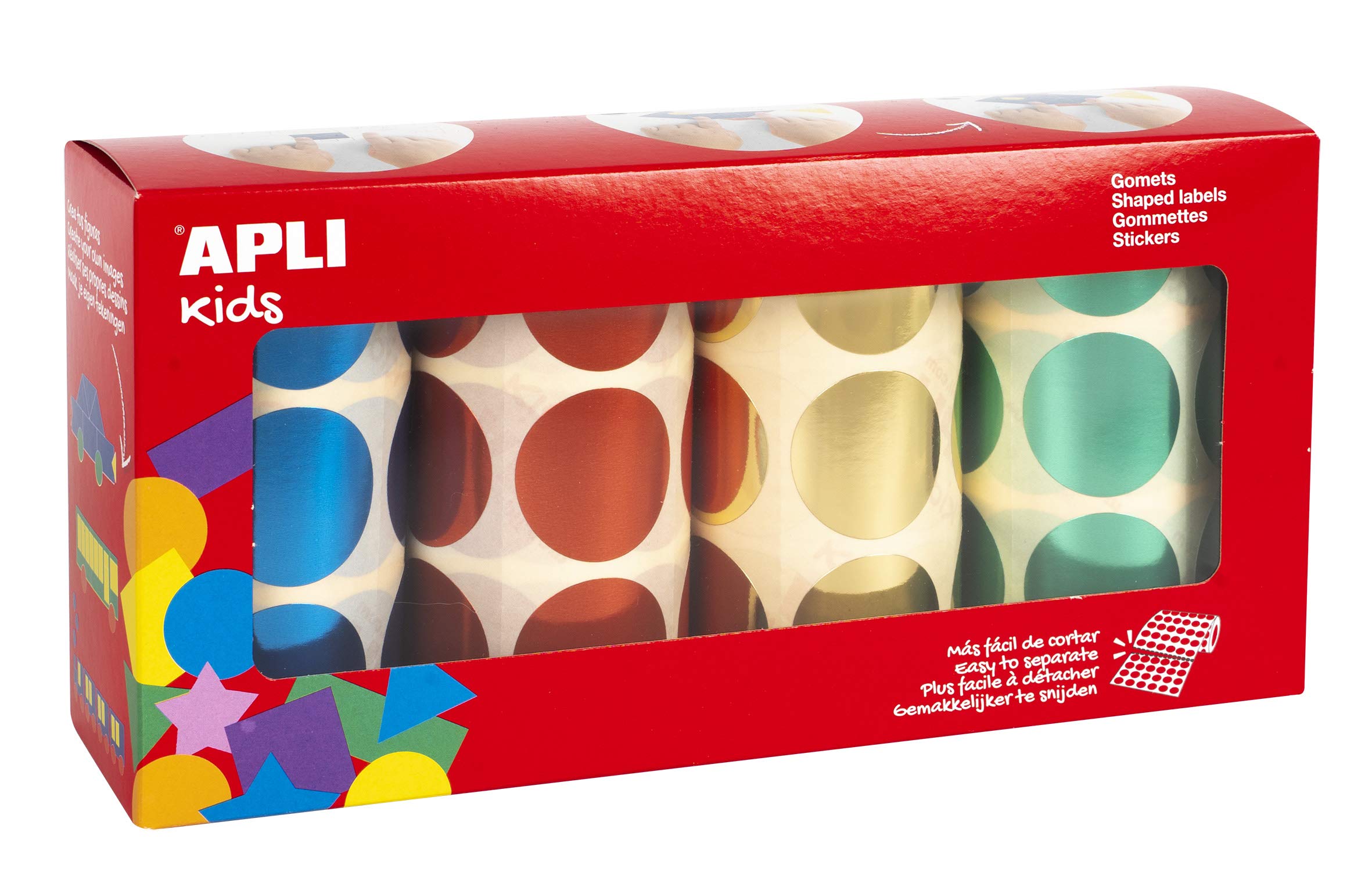 APLI Kids 18400 -Pack rollos de gomets metalizados redondos Ø 33 mm amarillo, azul, rojo y verde 4 u.