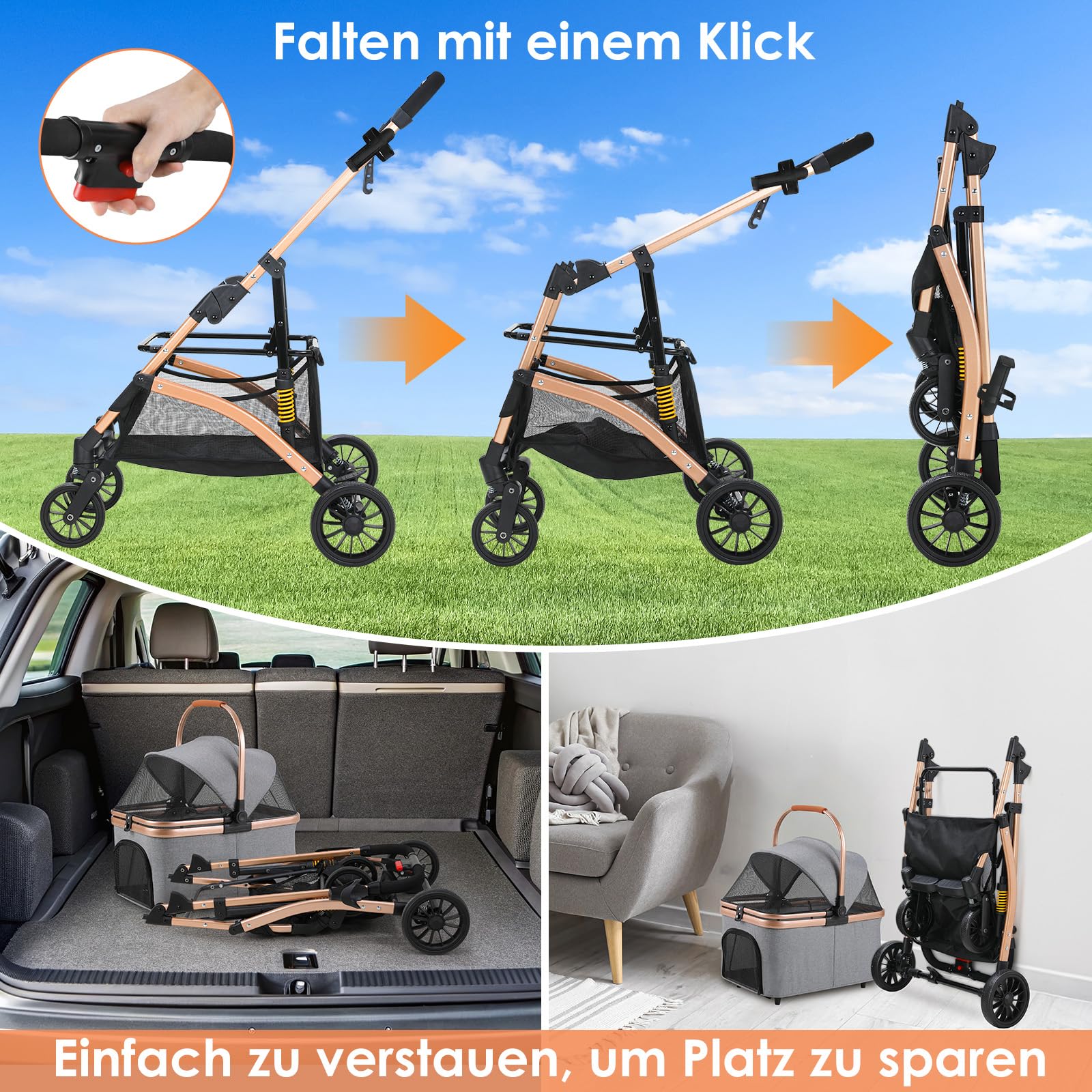 MAMIZO Carro para Perros 3 en 1,Cochecito Plegable con Cesta de Almacenamiento,Ventanas de Malla y Soporte para Bebidas,para Perros y Gatos,hasta 20 kg,4 Ruedas Giratorias 360°,Gris Oscuro