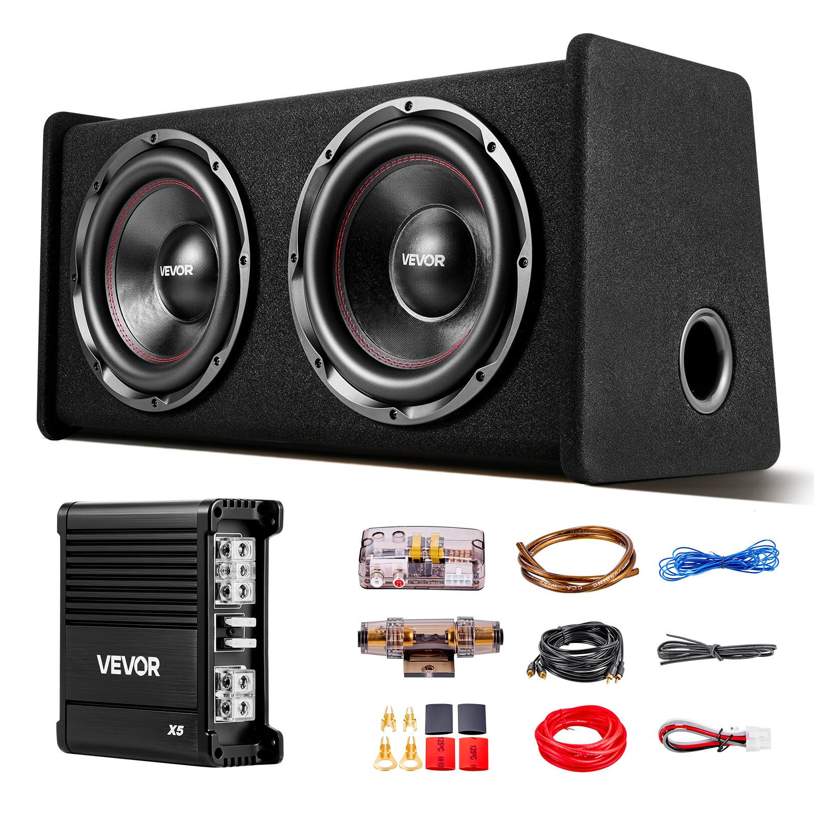 VEVOR Kit Subwoofer per Auto Sistema Audio con Cassa da 305 mm, Subwoofer Amplificatore 490 W RMS Separato Kit di Cablaggio, Pacchetto Amplificatore Gamma di Frequenza 30-200 Hz da Veicoli SUV Auto