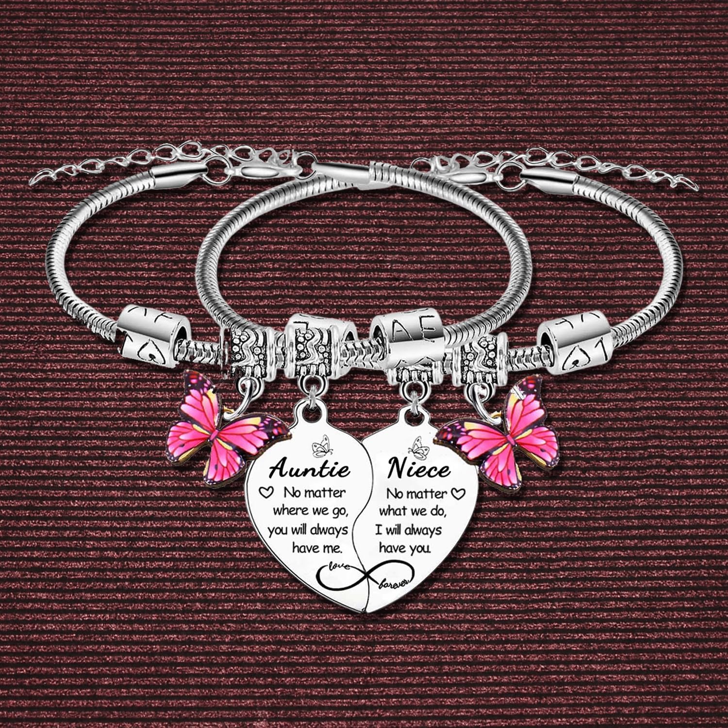 2PCS Auntie Niece Heart Matching Bracelet Gifts for Aunt from Niece Mother’s Day Gifts Butterfly Keyring Christmas Birthday Gift for Auntie Nieces - Image 2