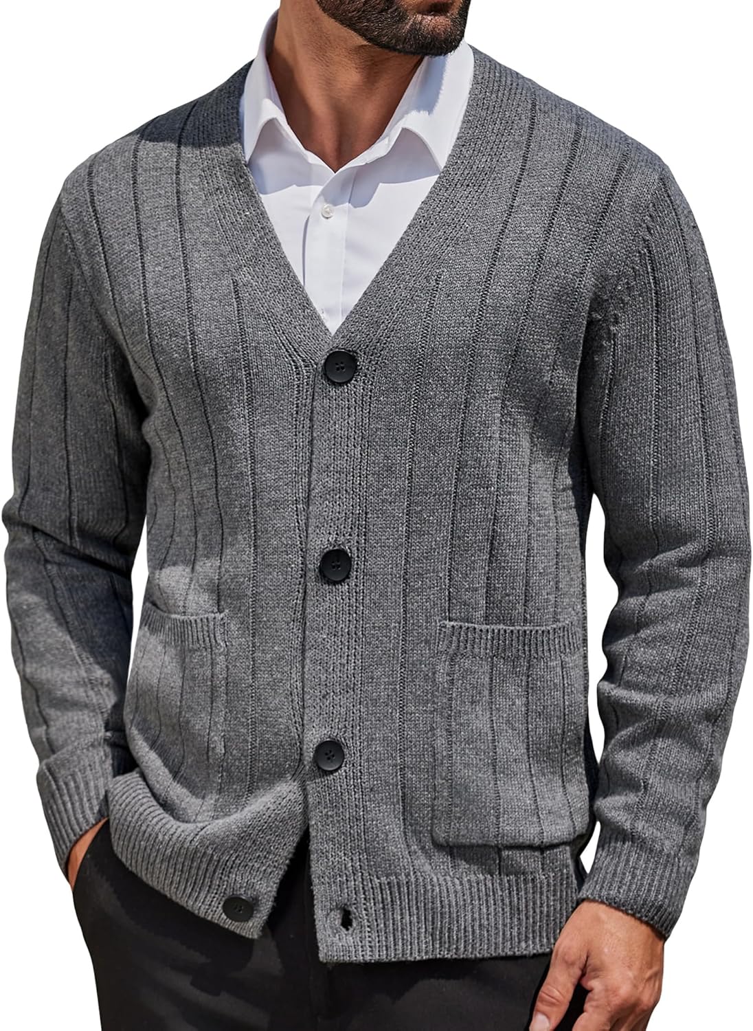 COOFANDY Men's Cardigan Sweater Cable Knit V Neck Button up Sweaters Ribbed Cardigan Sweater with Pockets